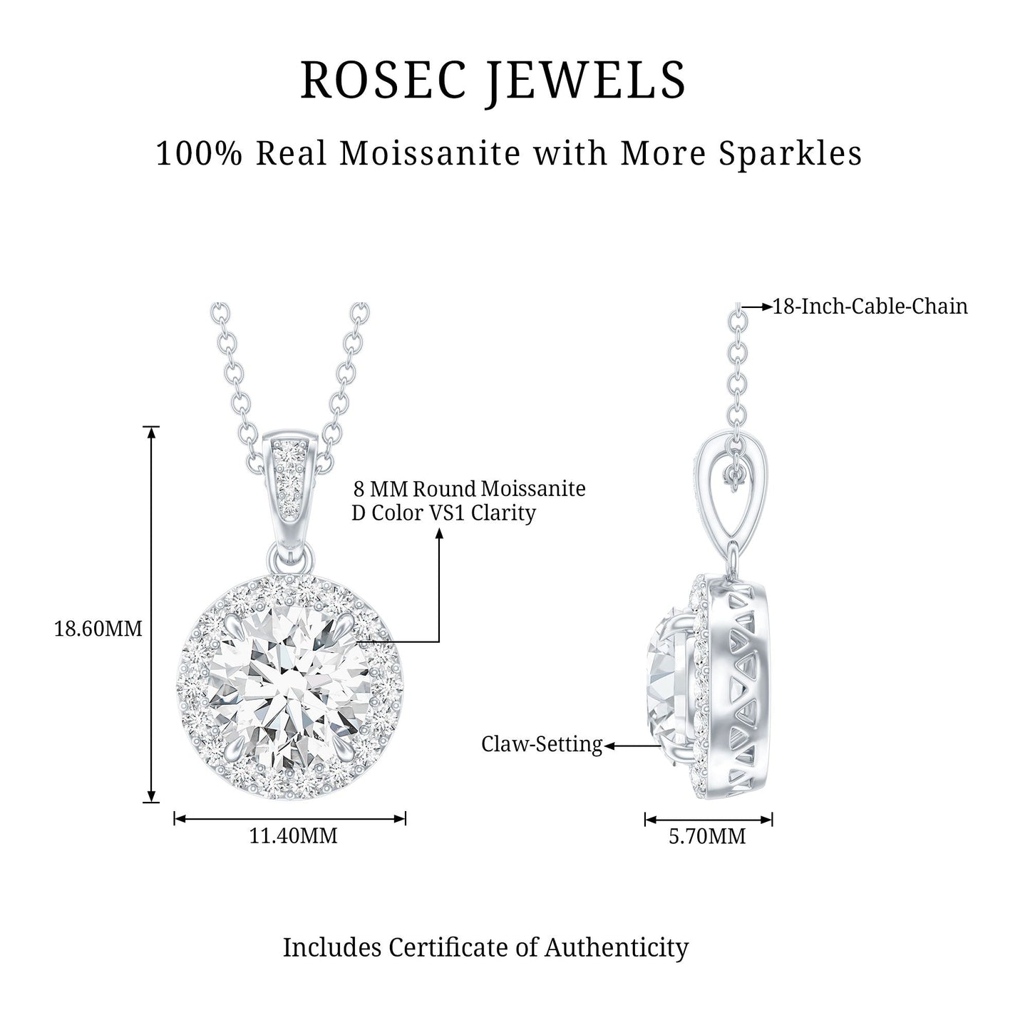 Round Moissanite Classic Halo Pendant Necklace