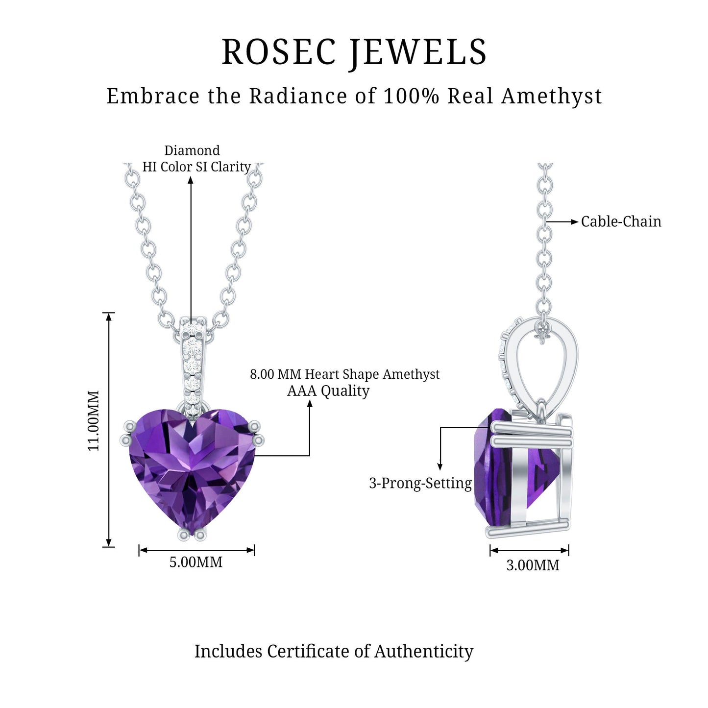 Certified Solitaire Amethyst Heart Necklace with Diamond