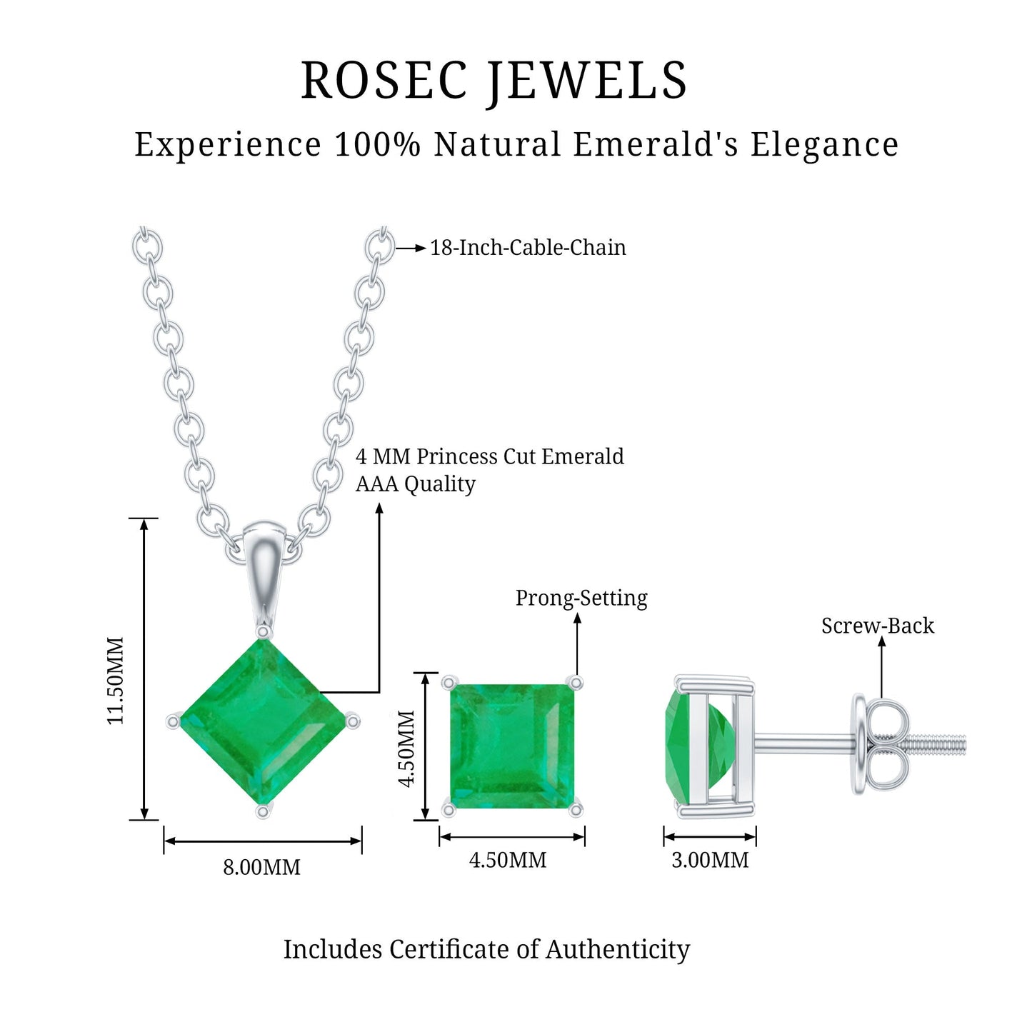 Natural Princess Cut Emerald Solitaire Jewelry Set