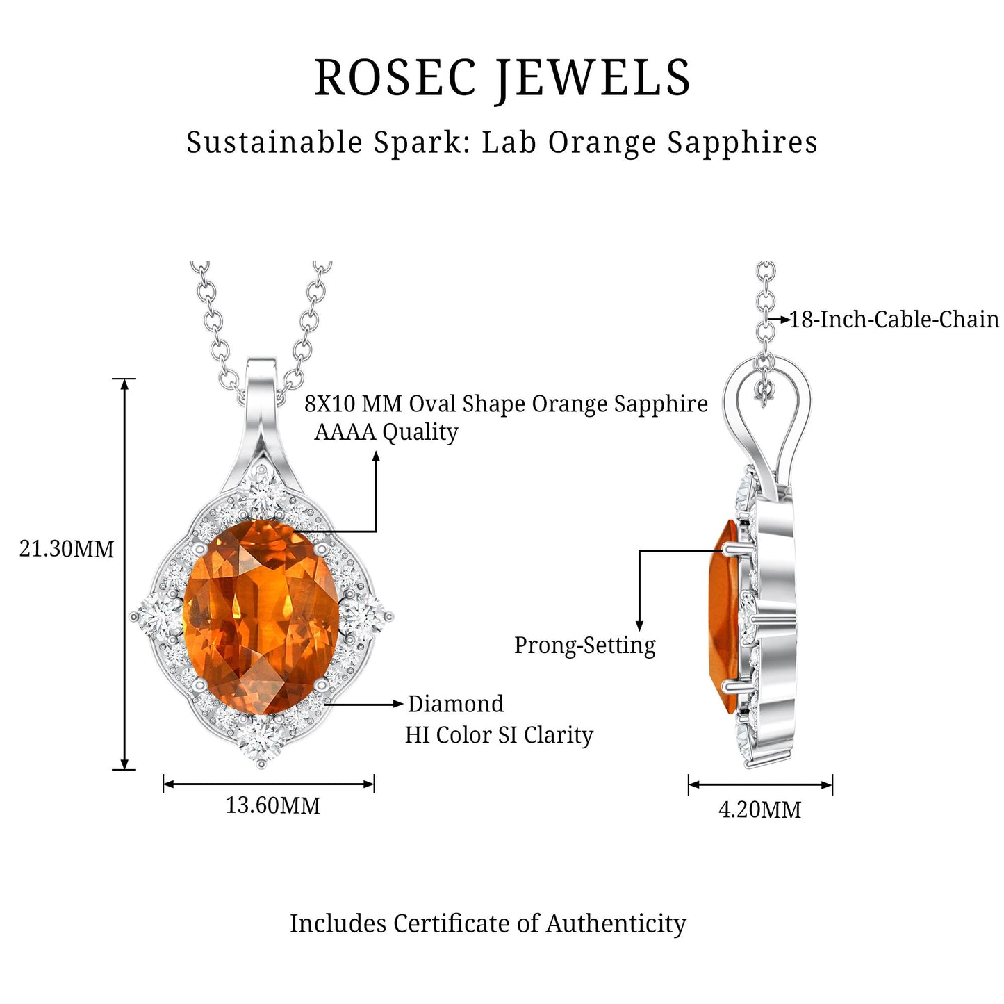 Vintage Looking 4 Carat Created Orange Sapphire Oval Pendant with Diamond Halo