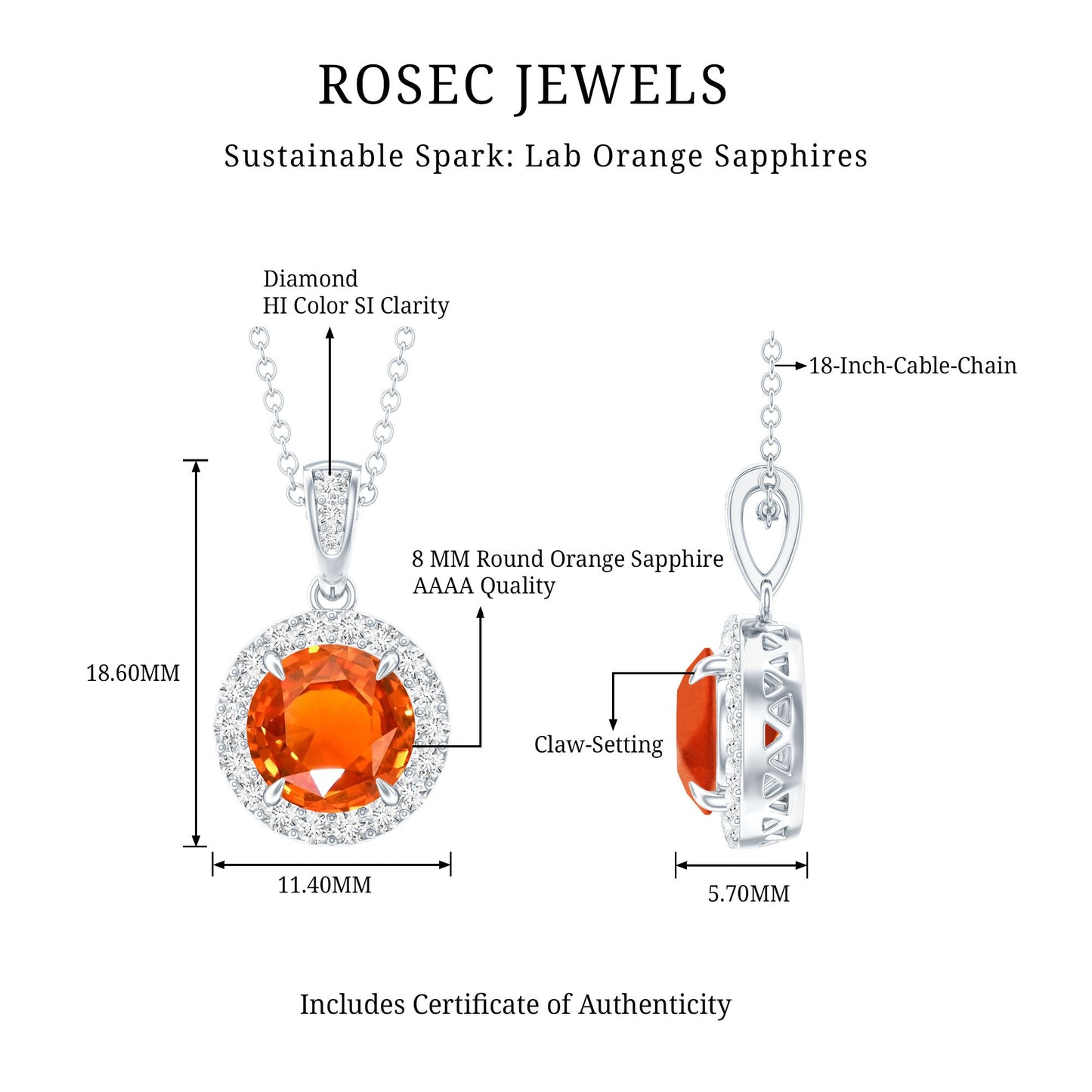 Created Orange Sapphire Pendant Necklace with Diamond Halo