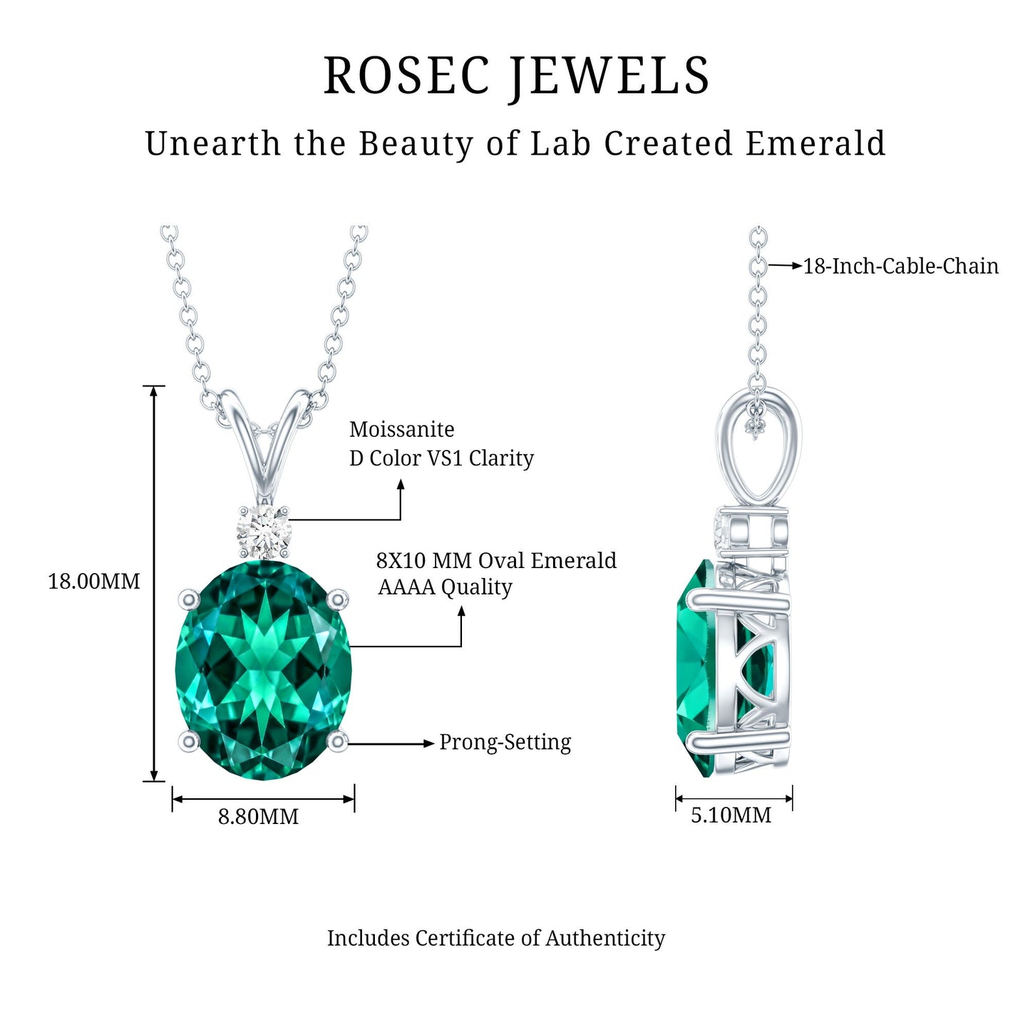 Oval Created Emerald and Moissanite Solitaire Pendant