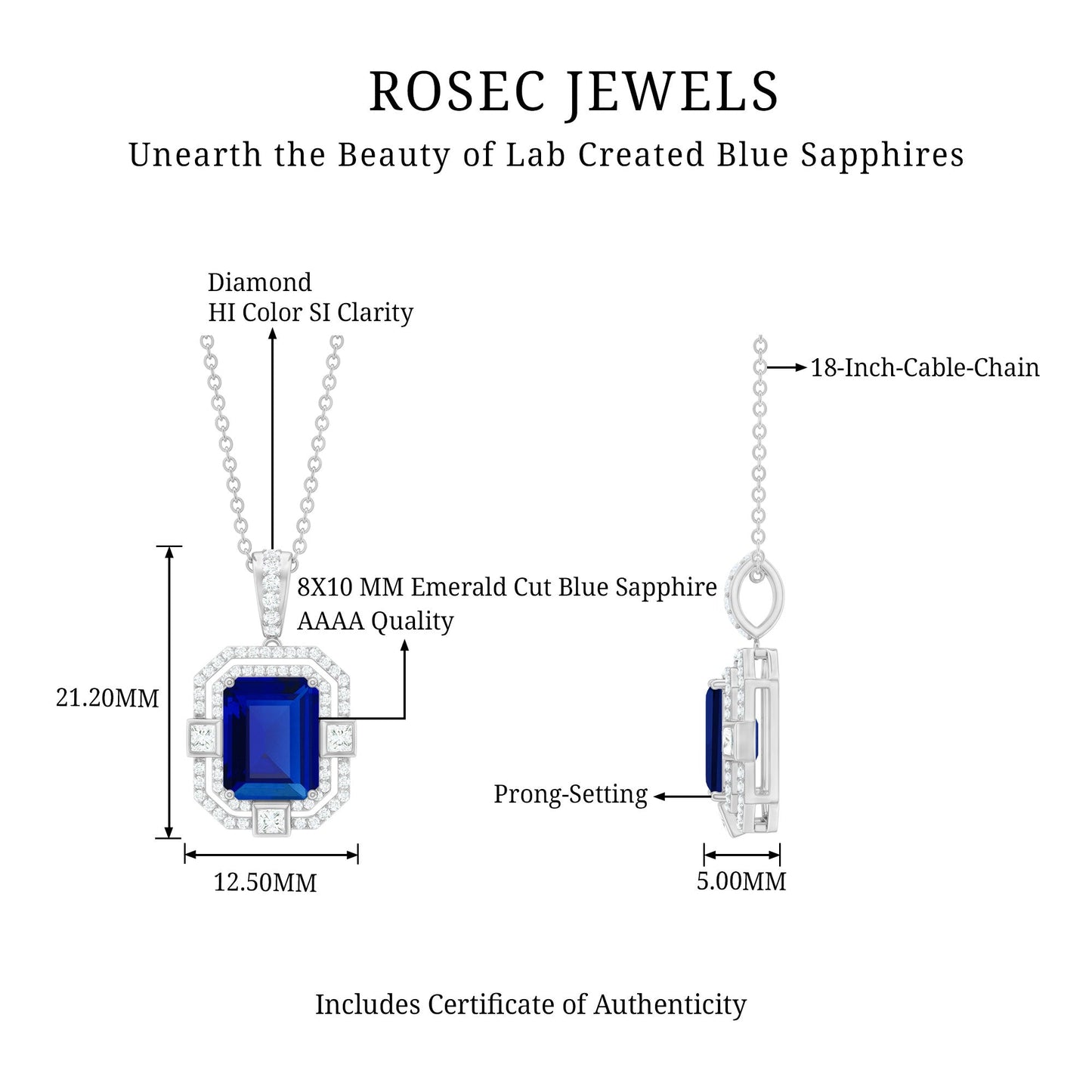 2.7 Carat Emerald Cut Lab Created Blue Sapphire Vintage Necklace with Diamond