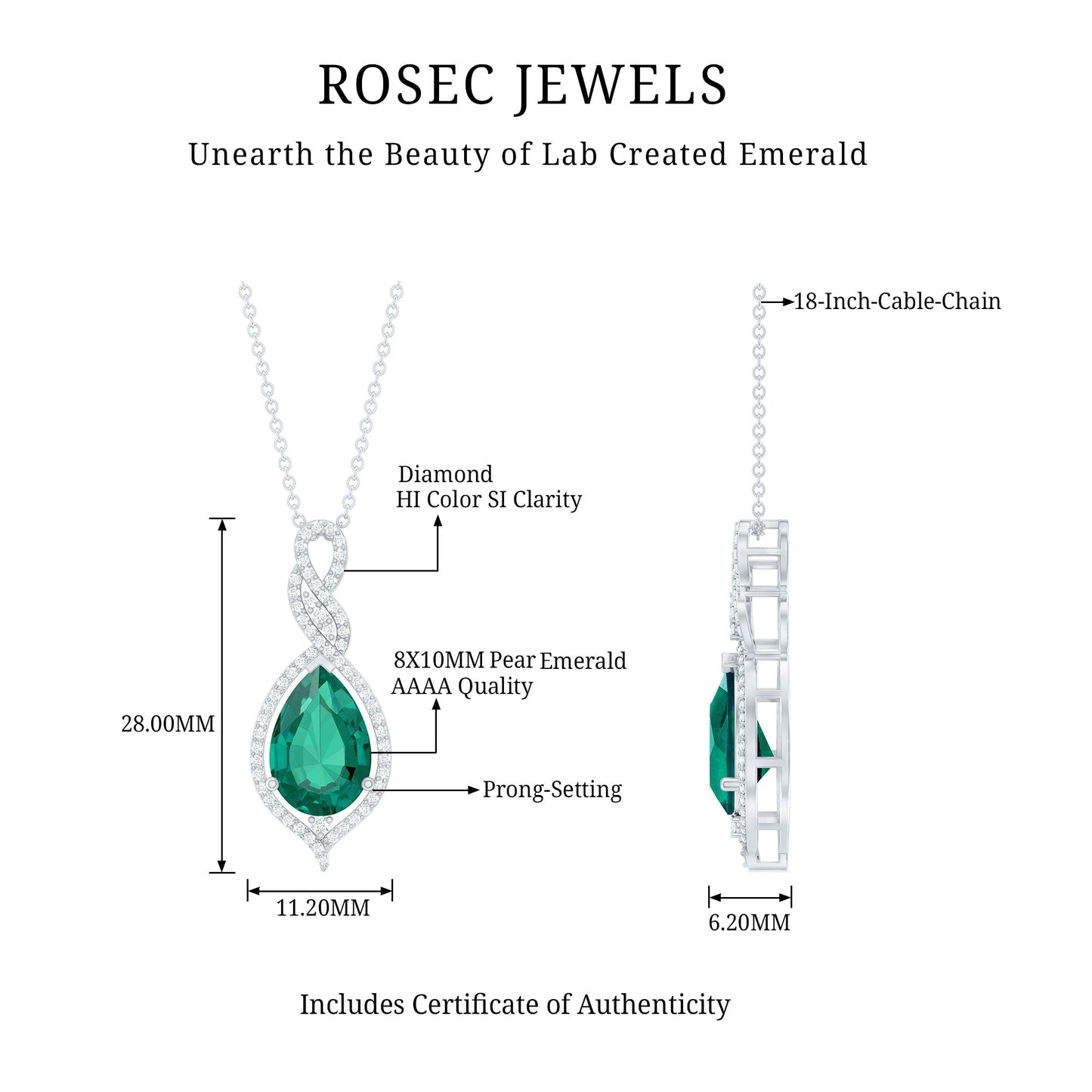 Certified 2.5 Carat Lab Grown Emerald and Diamond Bridal Necklace