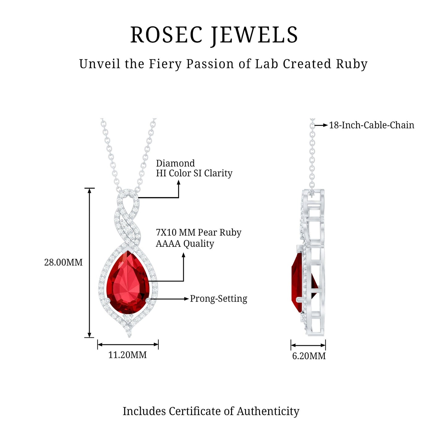 2.9 Carat Lab Created Ruby and Diamond Teardrop Wedding Necklace for Bride