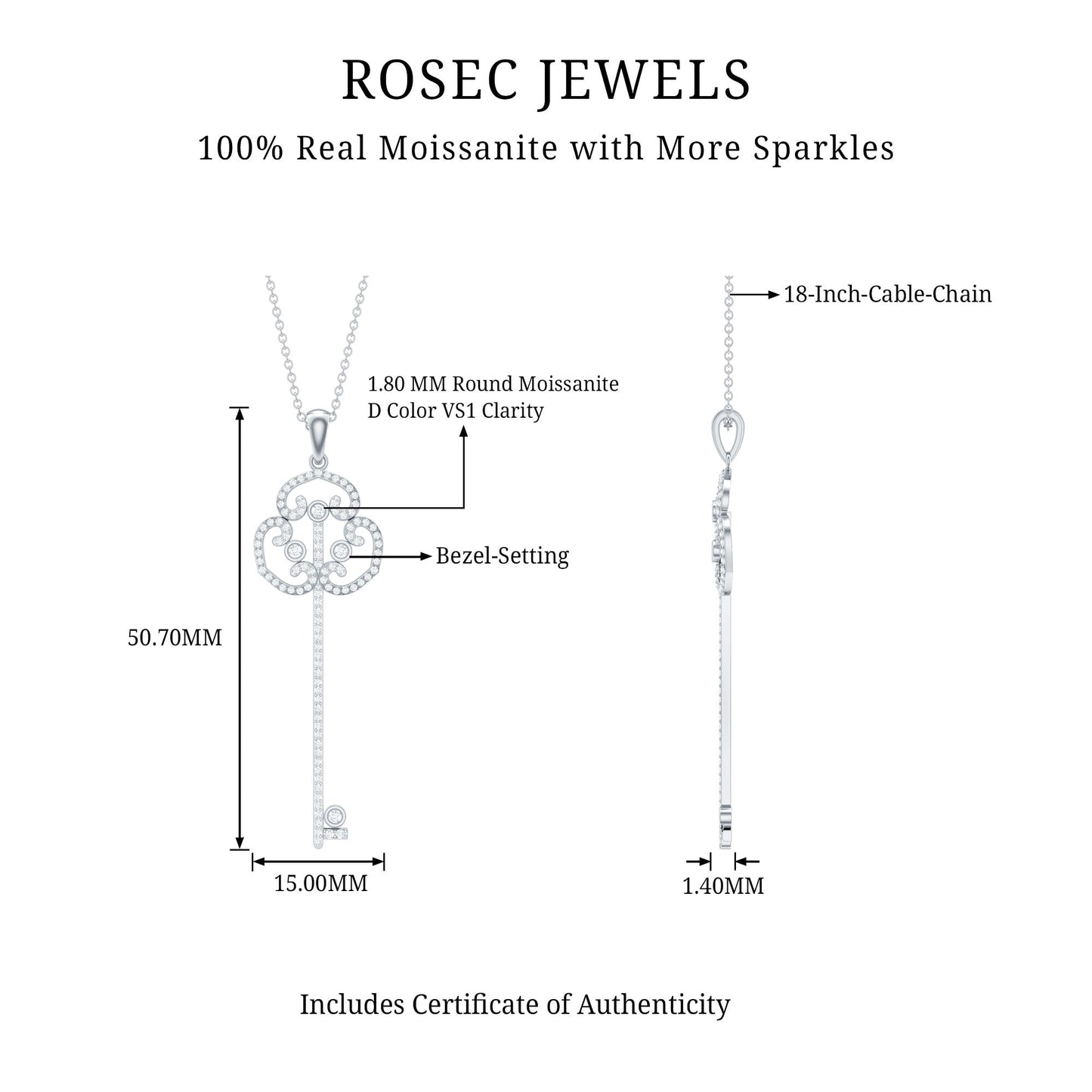 Certified Moissanite Vintage Key Pendant Necklace