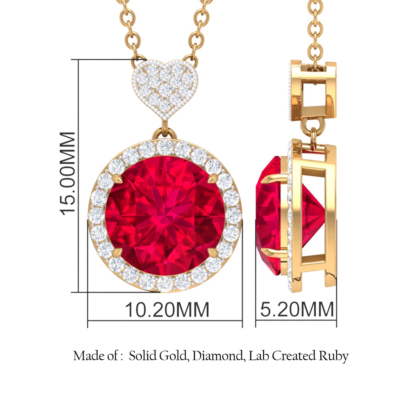 2.3 Carat Lab Created Ruby Halo Necklace with Diamond Heart