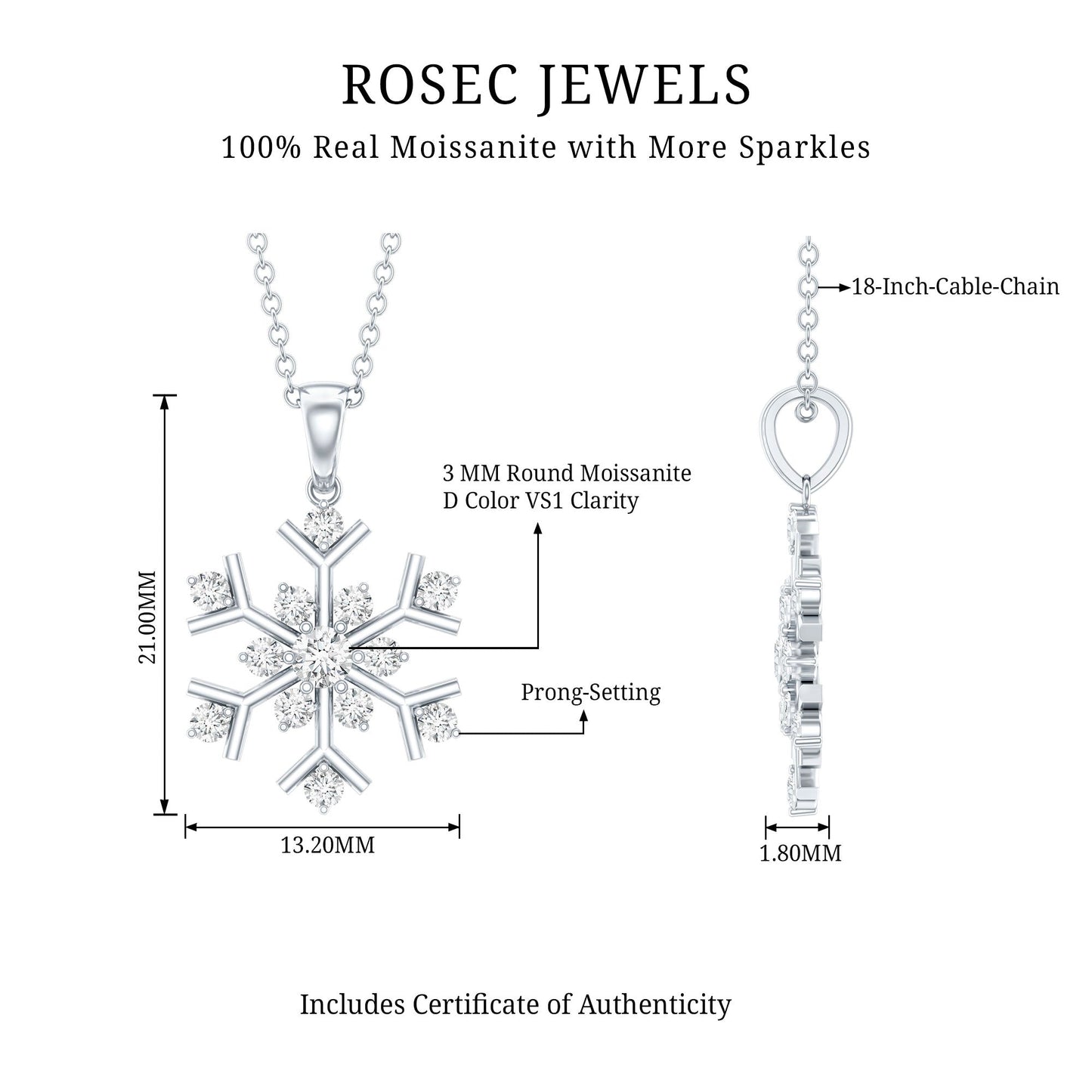 Certified Moissanite Snowflake Pendant Necklace for Women
