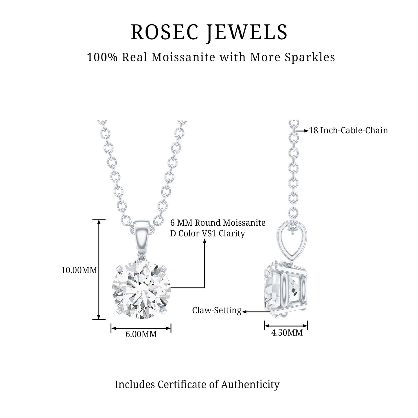 0.9 Carat Certified Moissanite Solitaire Pendant in Claw Set