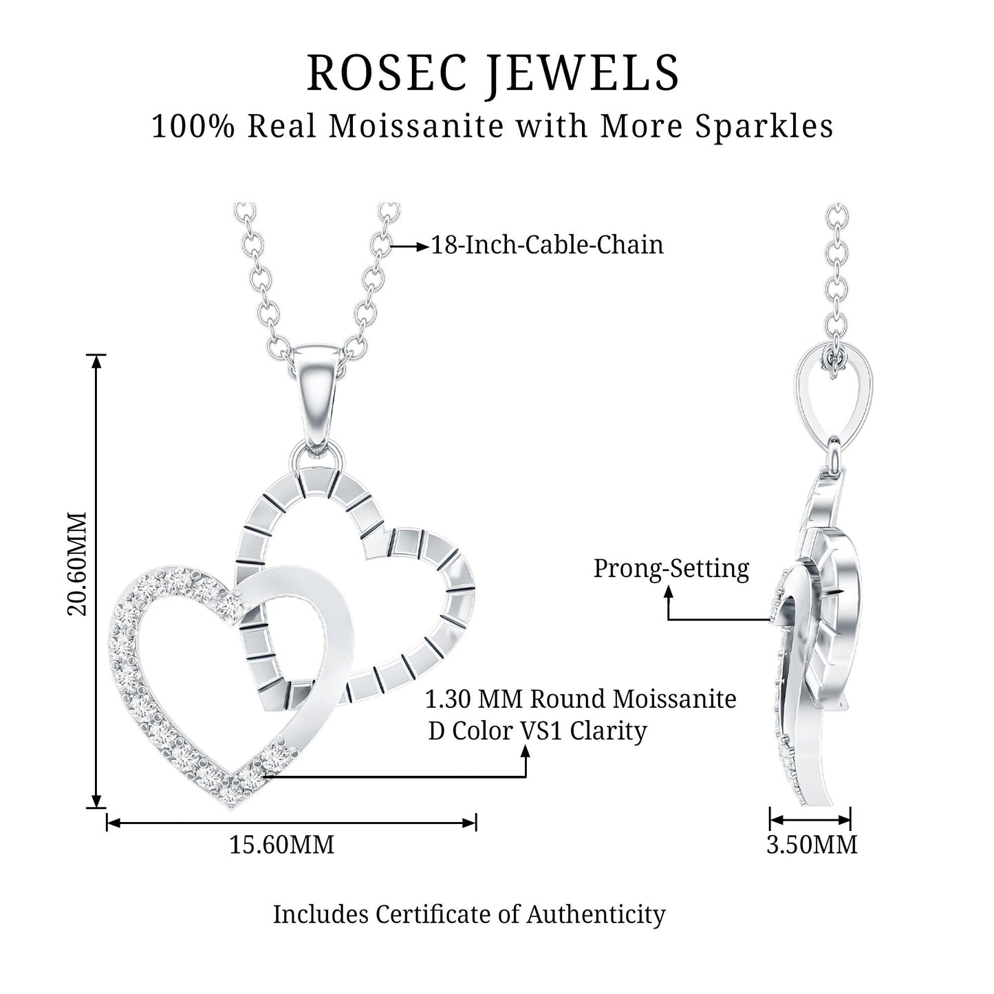 Certified Moissanite Twin Heart Pendant Necklace