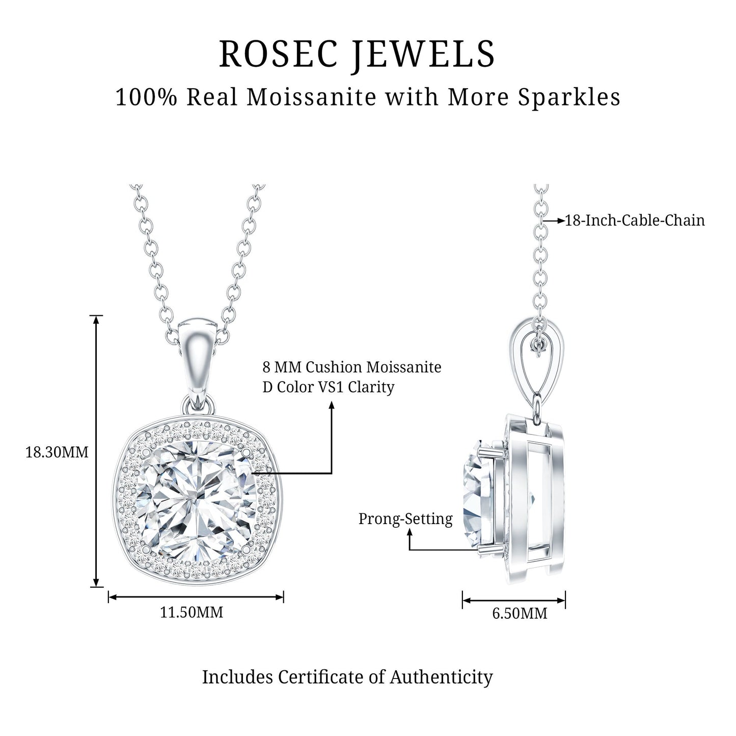 Certified 3 Carat Cushion Cut Moissanite Pendant