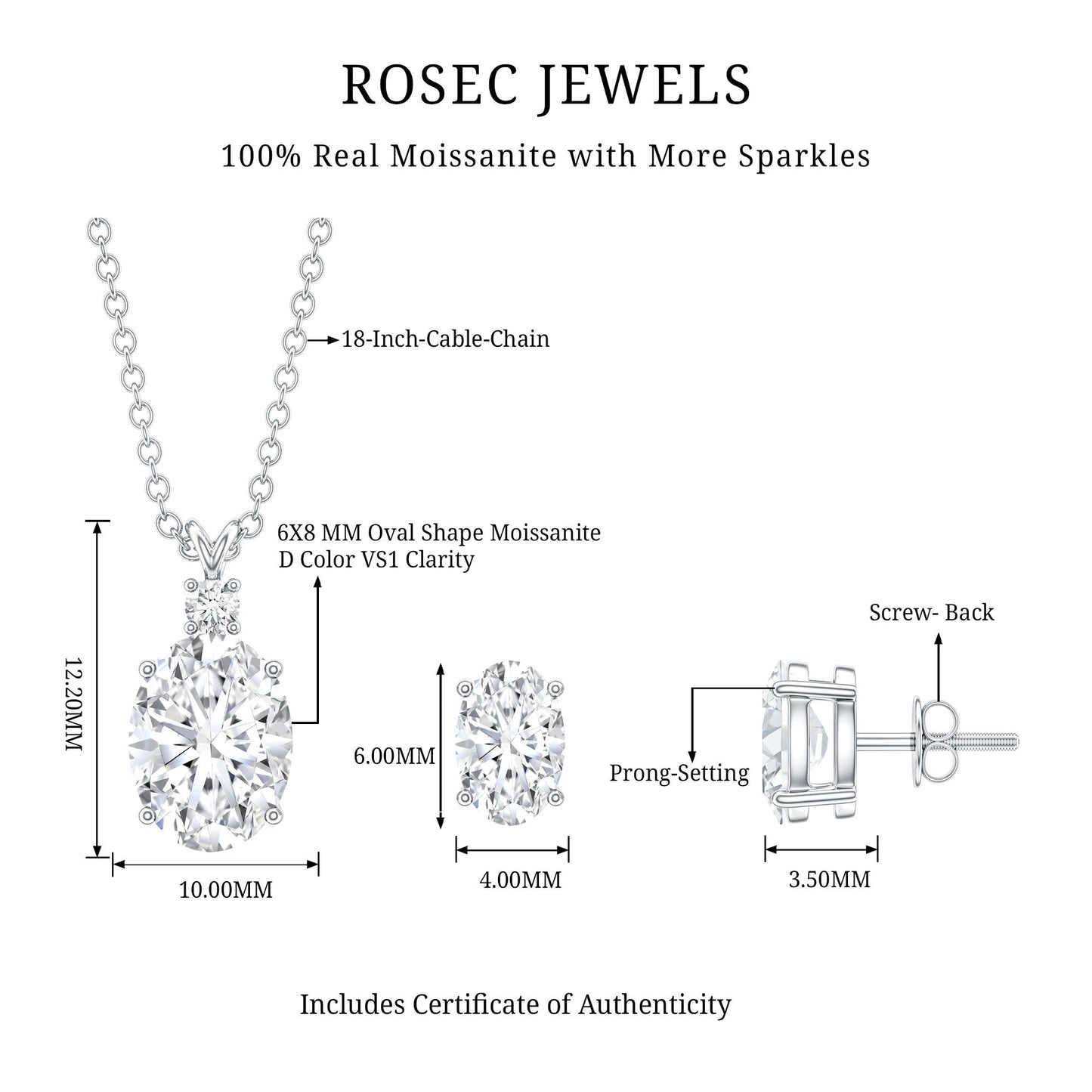 Certified Moissanite Oval Necklace and Earrings Set