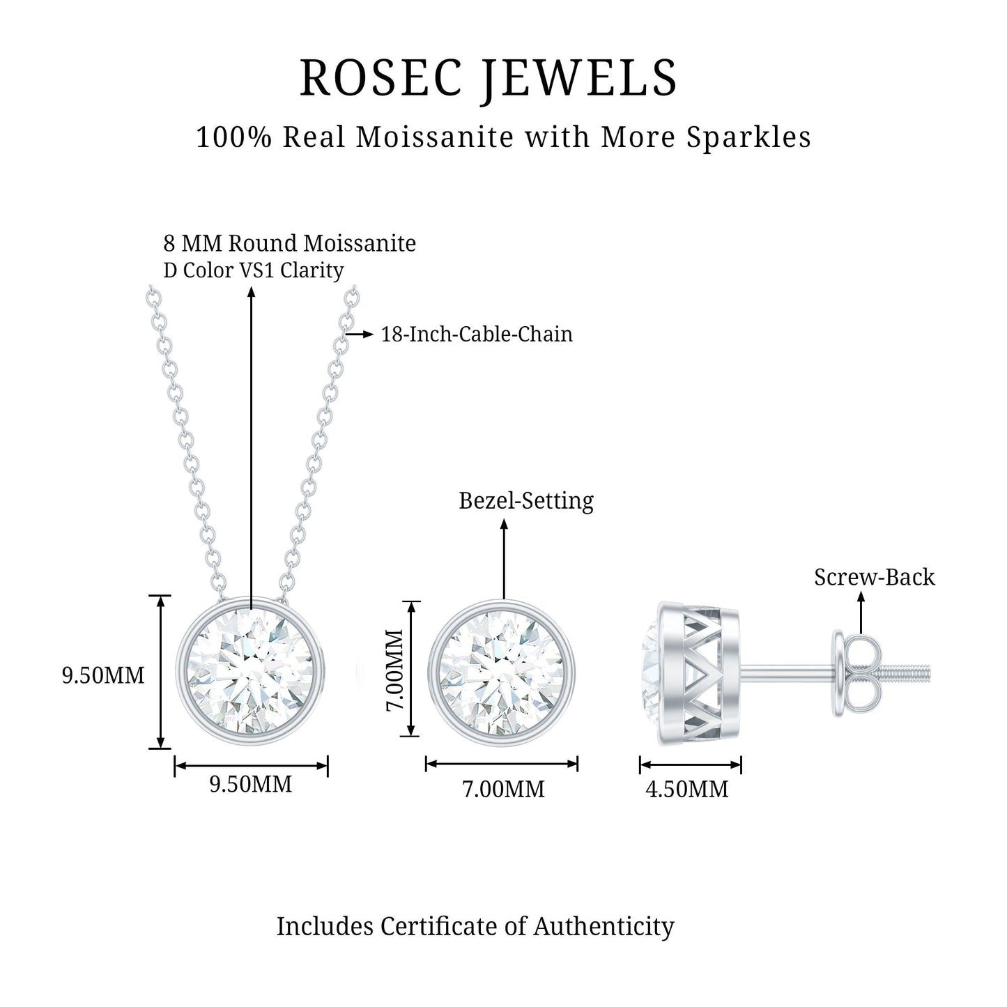 Simple Moissanite Solitaire Jewelry Set in Bezel Setting