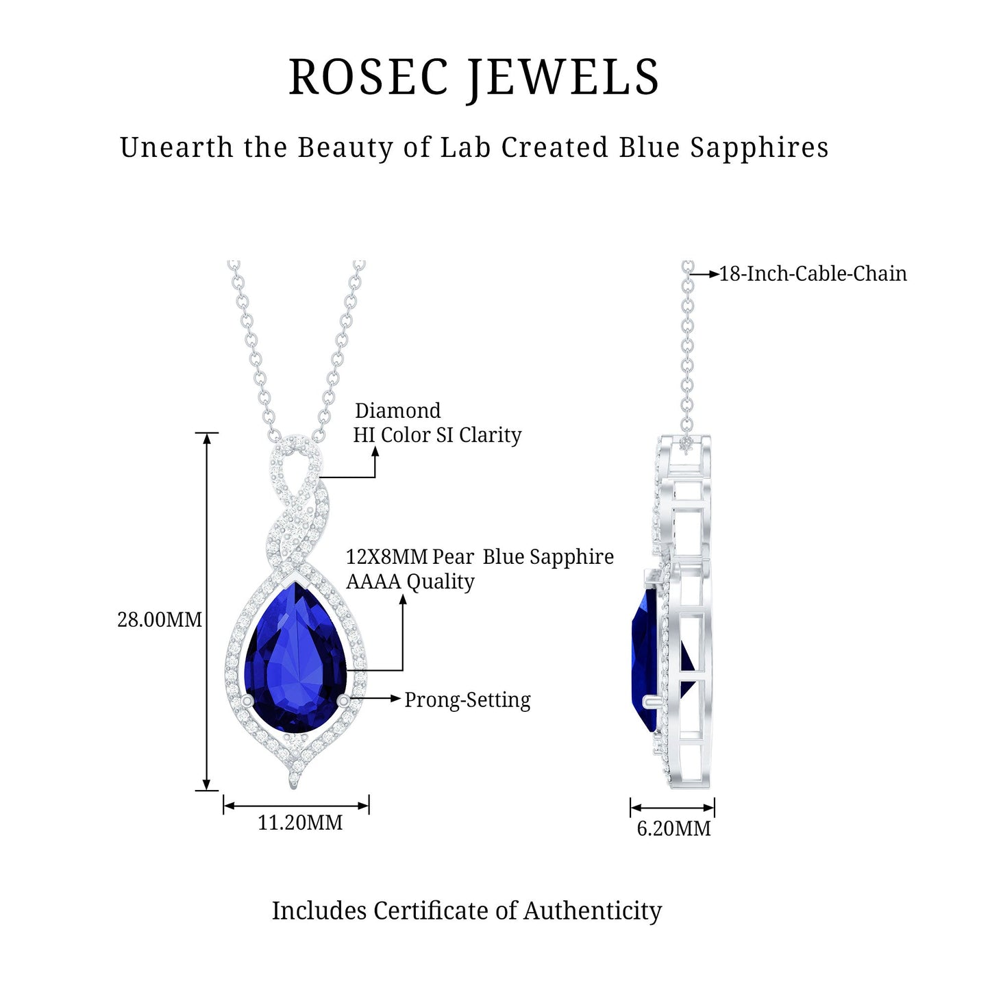 Certified 4 Carat Lab Created Blue Sapphire and Diamond Teardrop Pendant