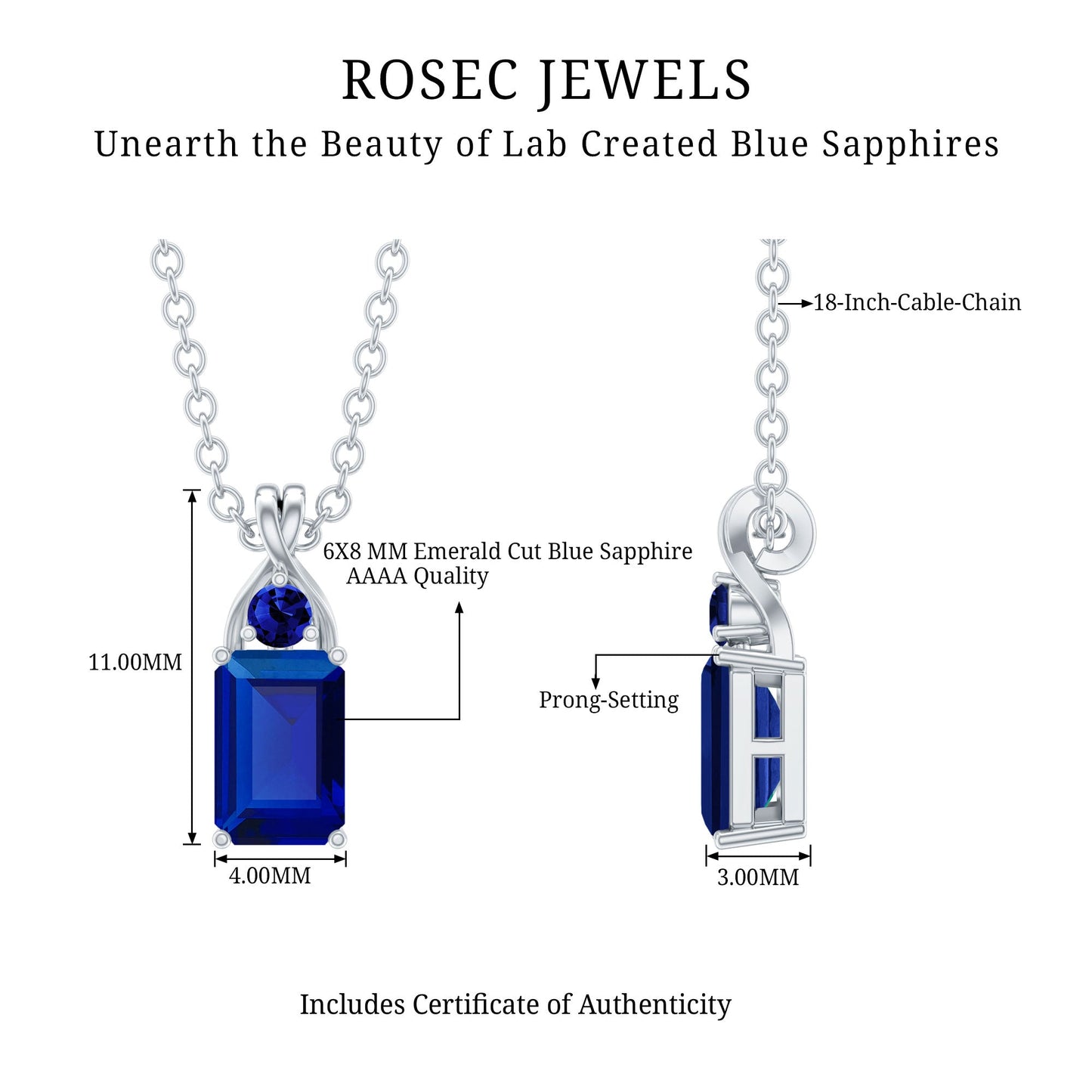 1.75 CT Lab Created Blue Sapphire Emerald Cut Pendant
