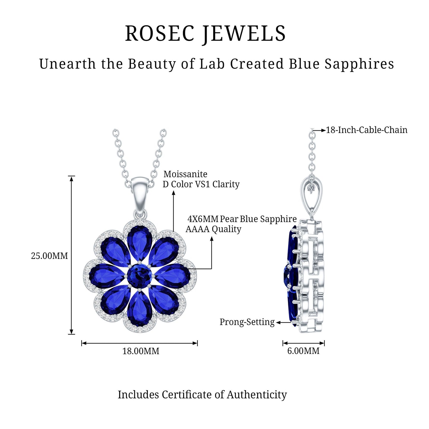 Lab Created Blue Sapphire Flower Necklace with Moissanite Halo