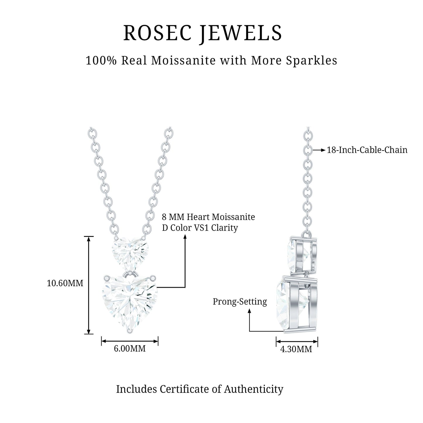 Certified Moissanite Double Heart Necklace in Prong Setting