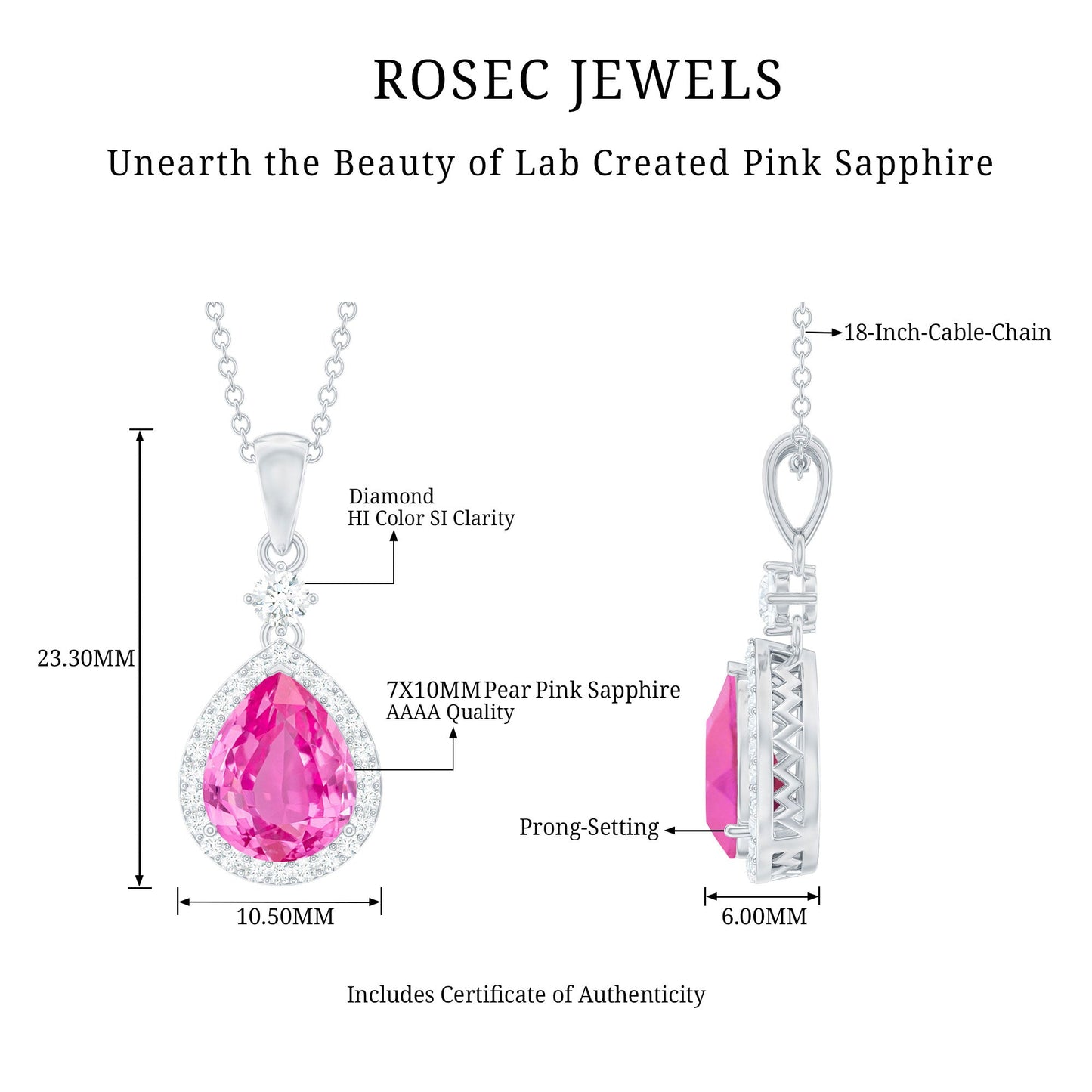 Created Pink Sapphire Teardrop Pendant Necklace With Diamond Halo