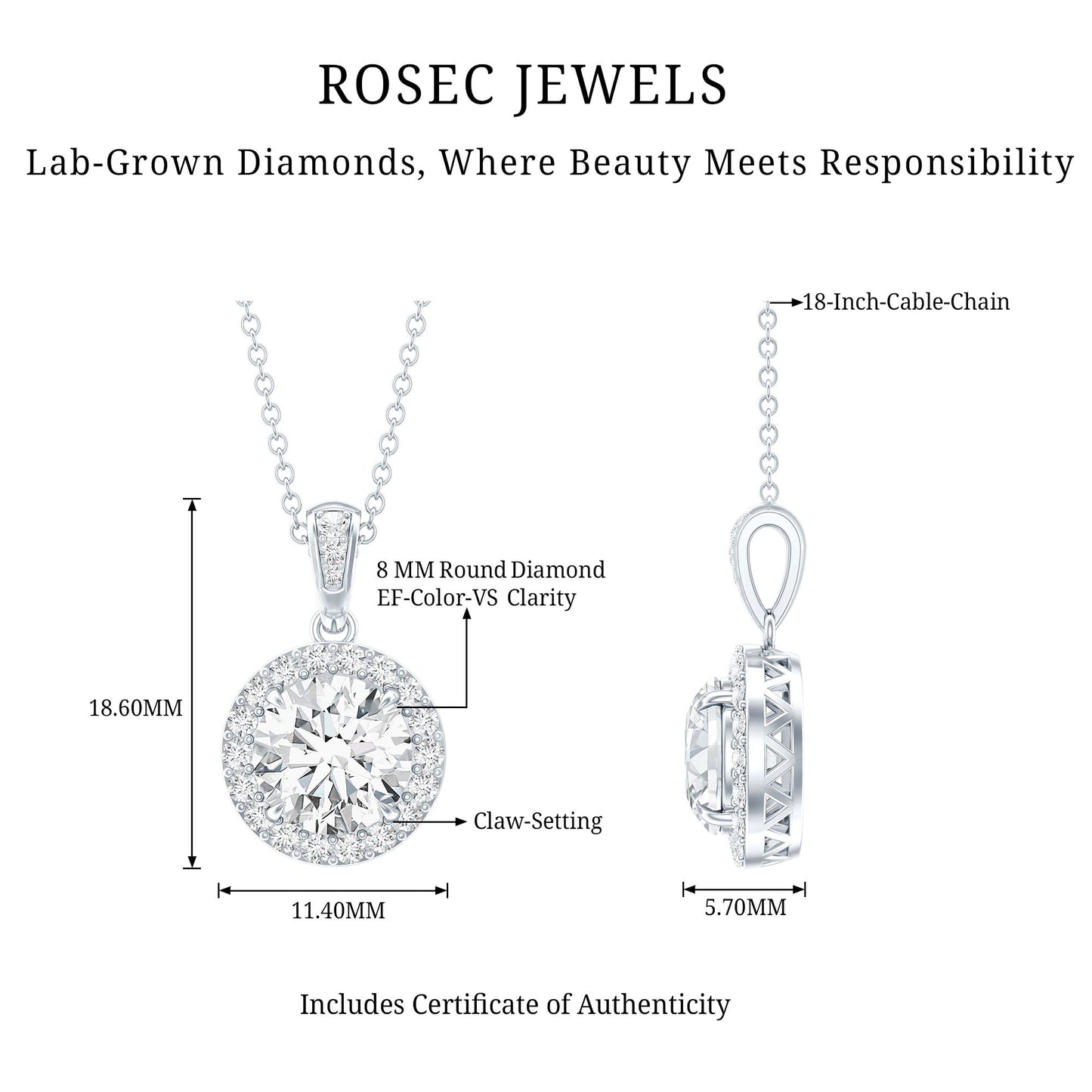Certified 2 Carat Lab Grown Diamond Halo Pendant Necklace