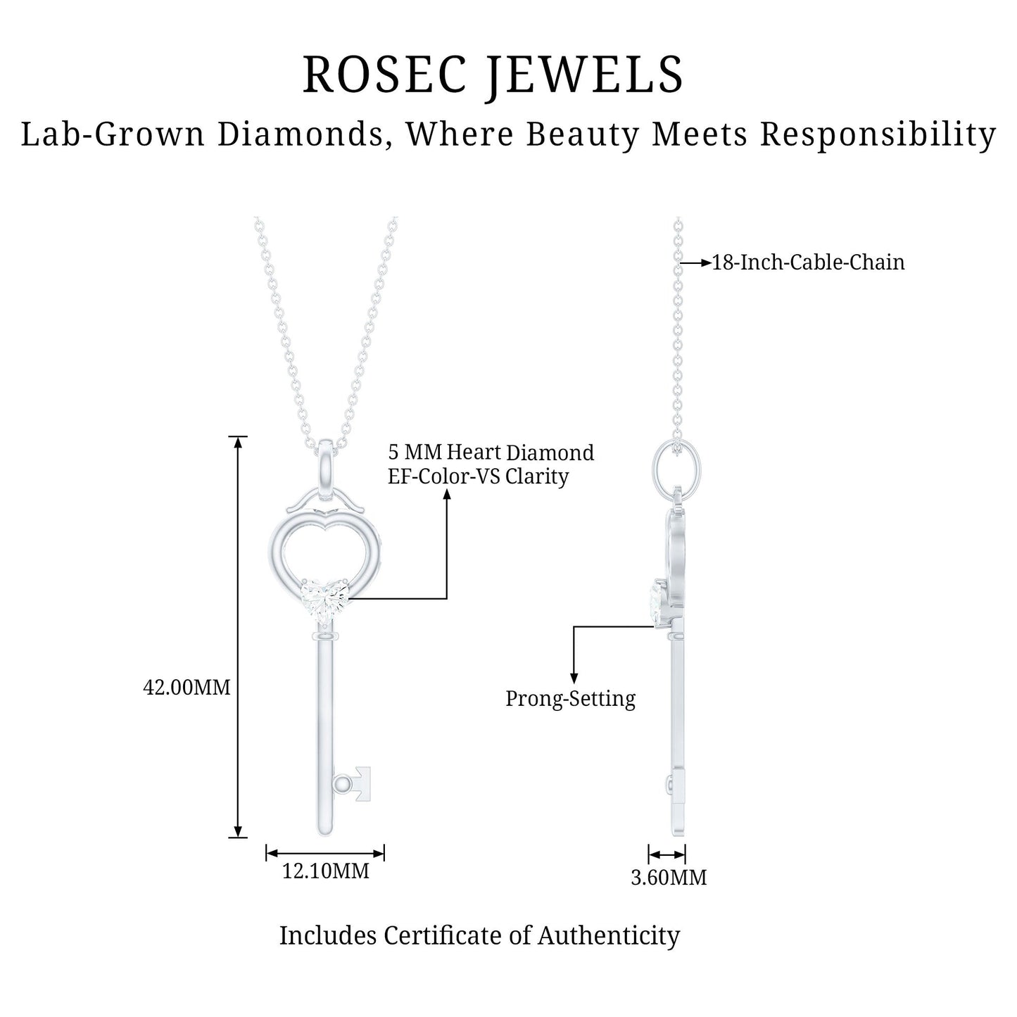 Heart Key Pendant Necklace with Lab Grown Diamond