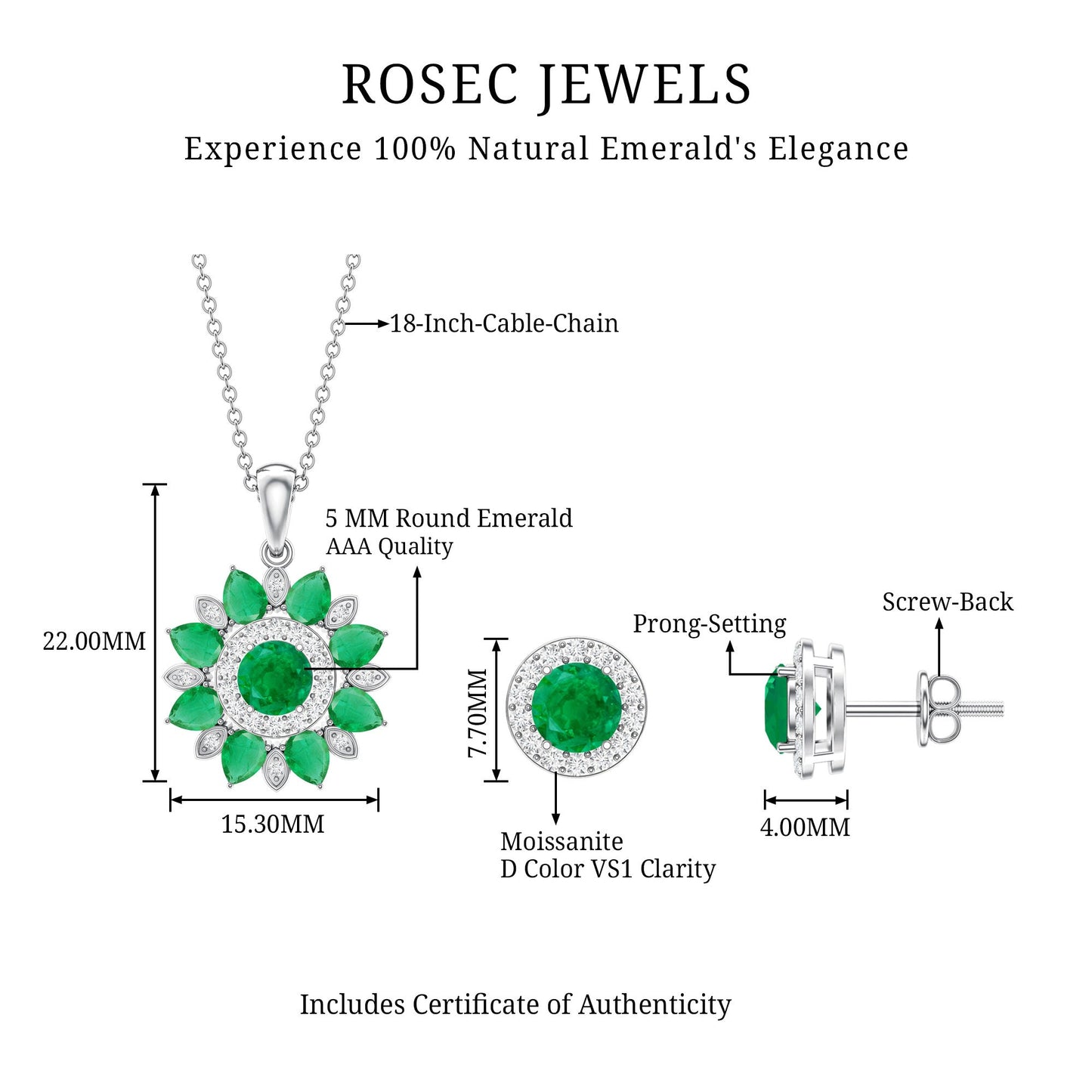 Certified Emerald and Moissanite Flower Jewelry Set