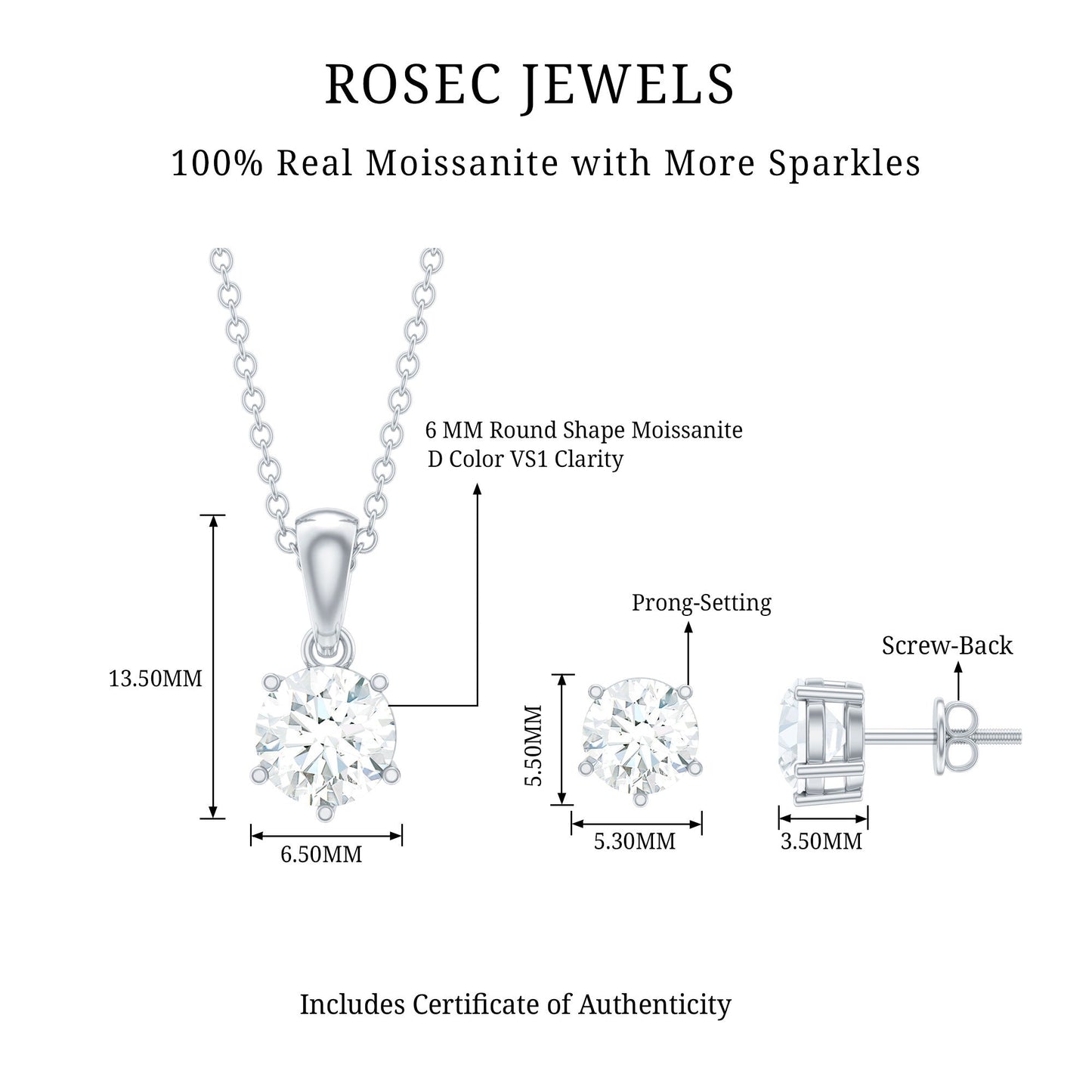 Certified Round Shape Moissanite Solitaire Jewelry Set