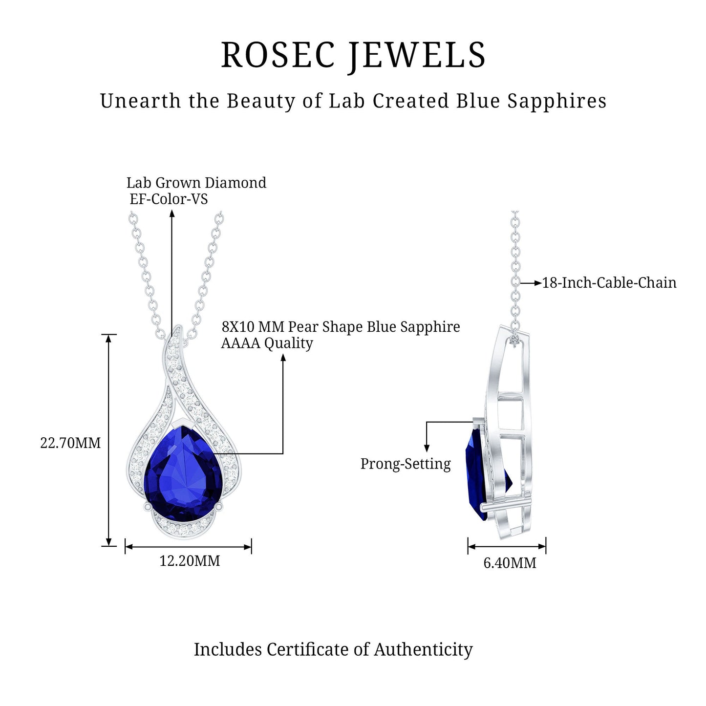 Classic Lab Grown Blue Sapphire Pendant Necklace With Diamond
