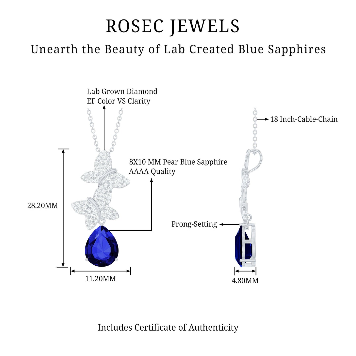 Lab Grown Blue Sapphire Butterflies Pendant Necklace with Diamond