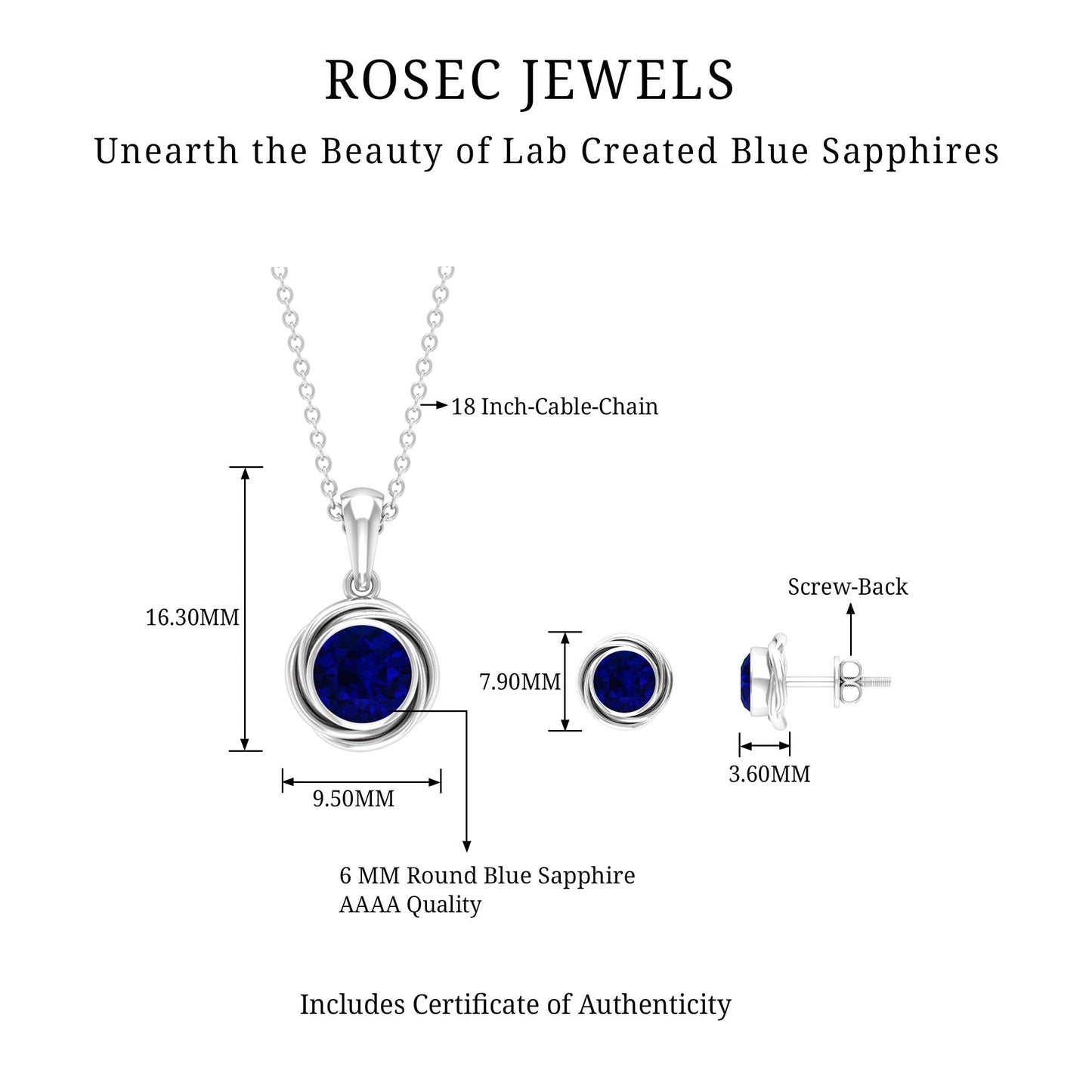 Solitaire Lab Created Blue Sapphire Swirl Jewelry Set with Certificate