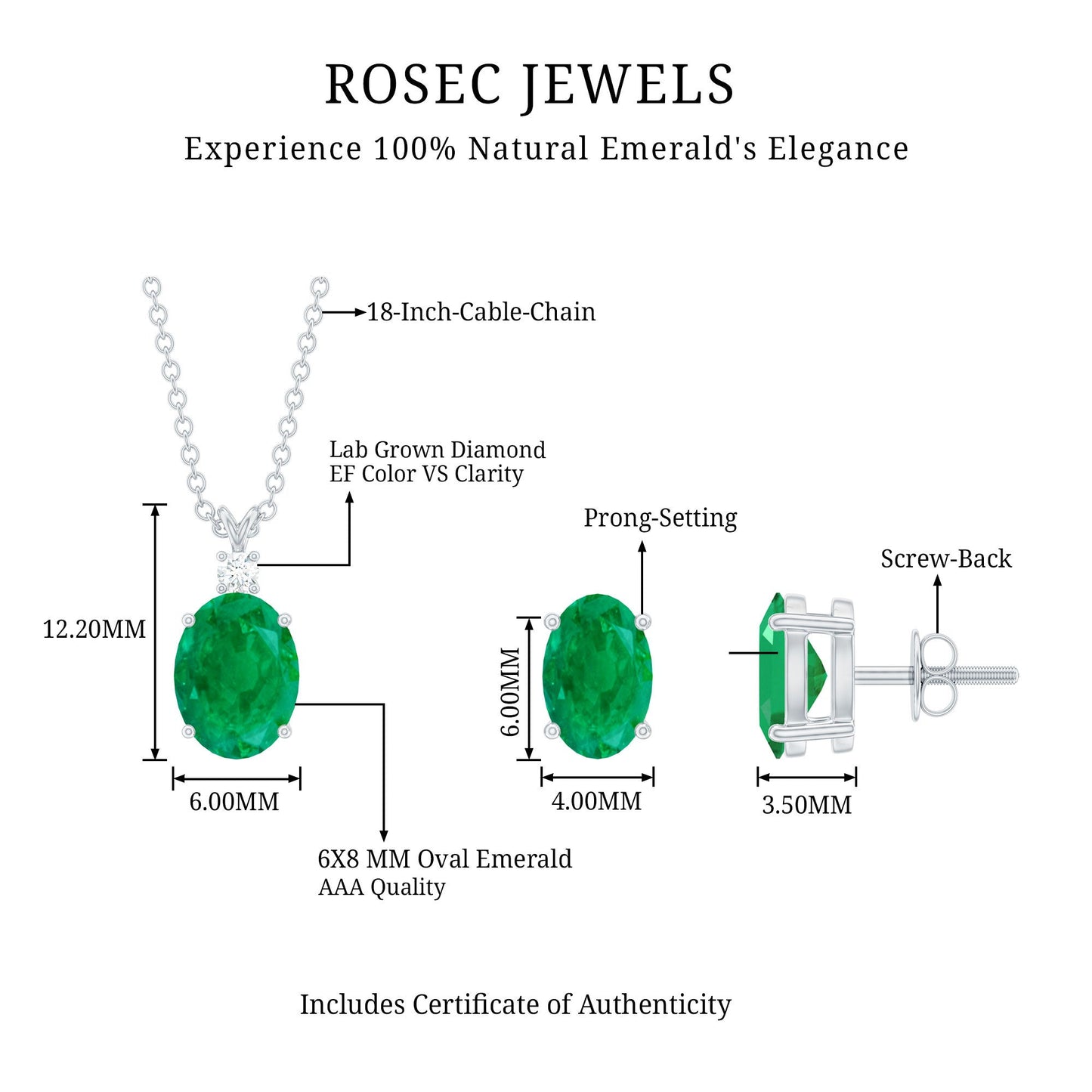 Genuine Emerald Solitaire Pendant and Earrings Set with Lab Grown Diamond