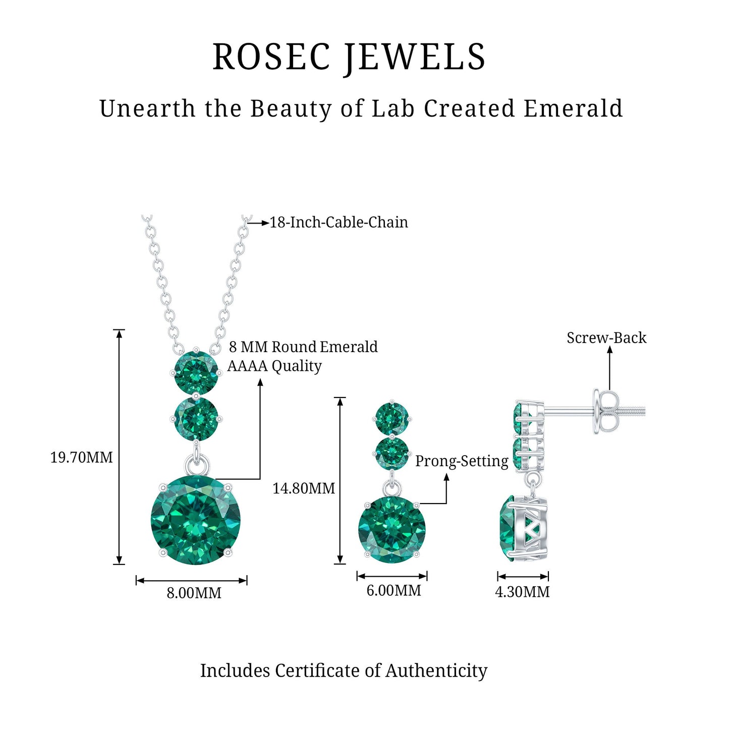 Certified Lab Created Emerald Dangle Necklace Earrings Set