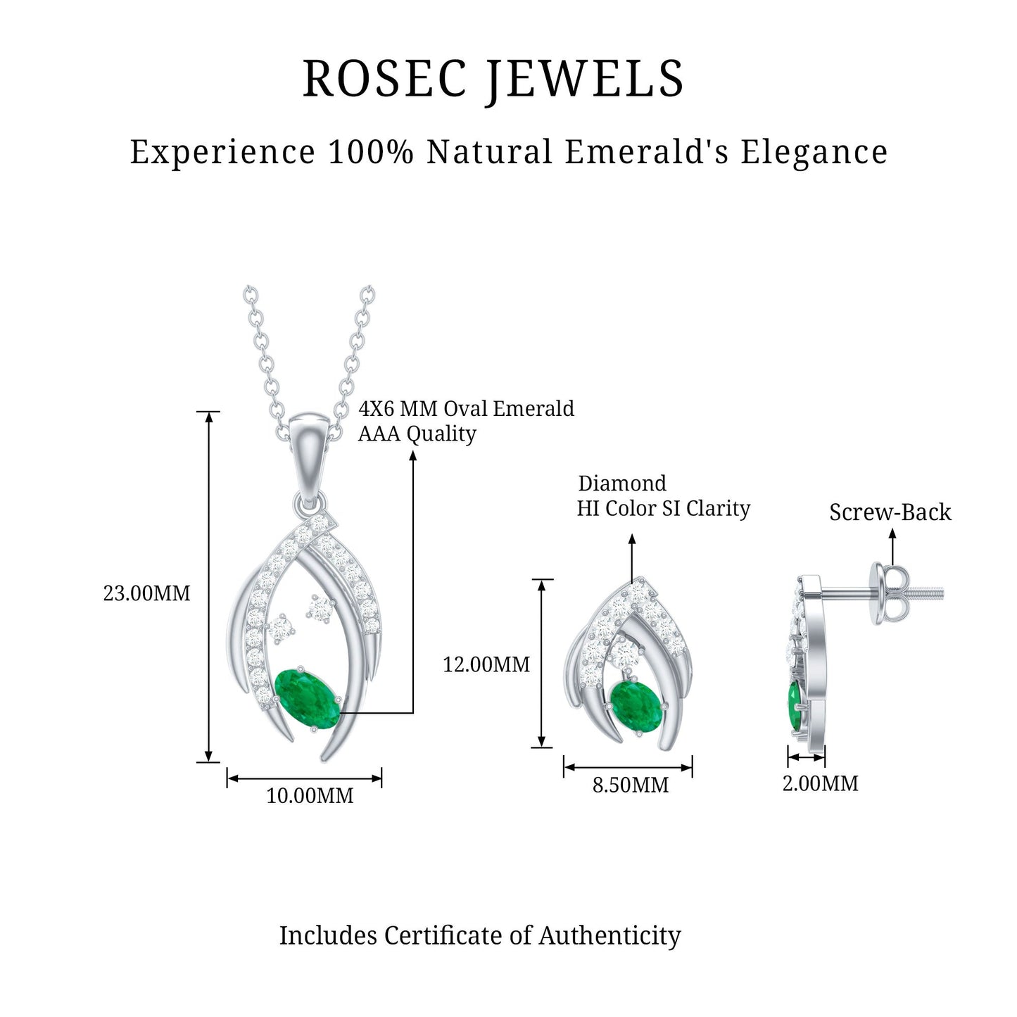 Minimalist Emerald and Diamond Necklace and Earrings Set