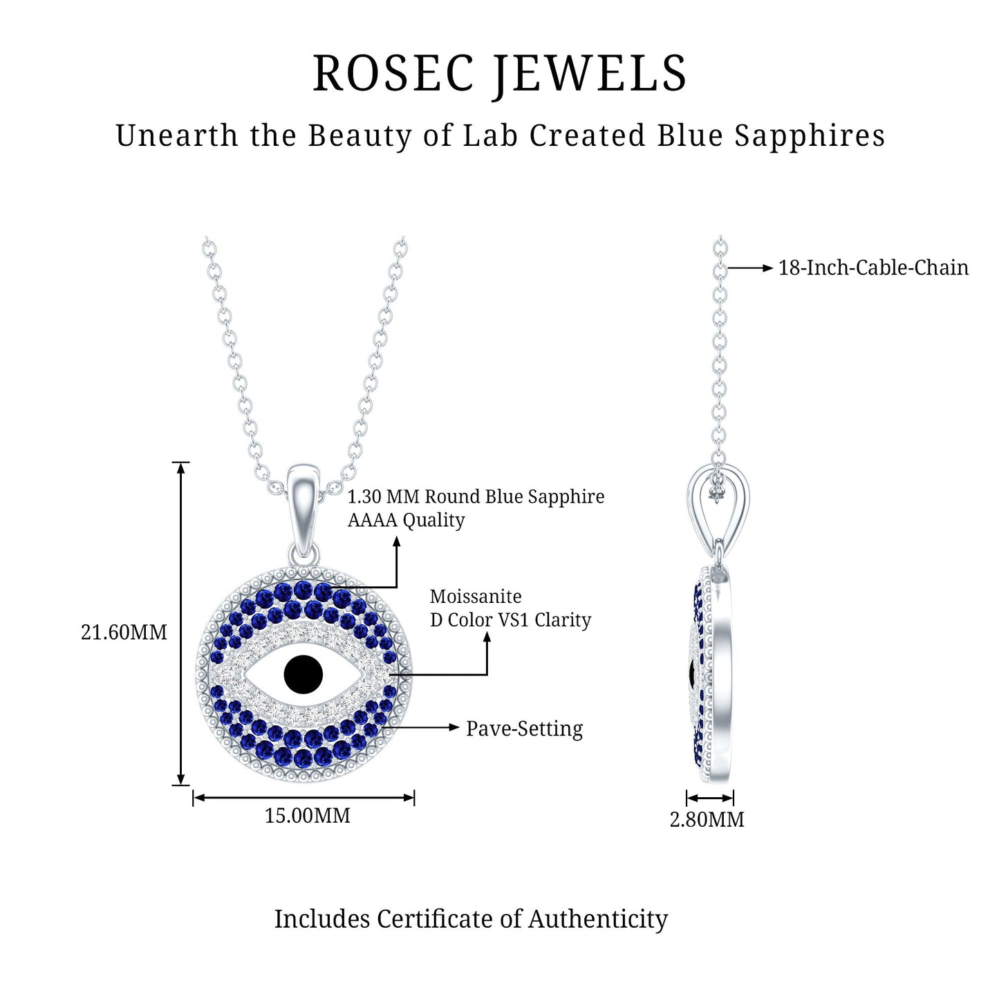 Evil Eye Necklace with Lab Grown Blue Sapphire and Moissanite