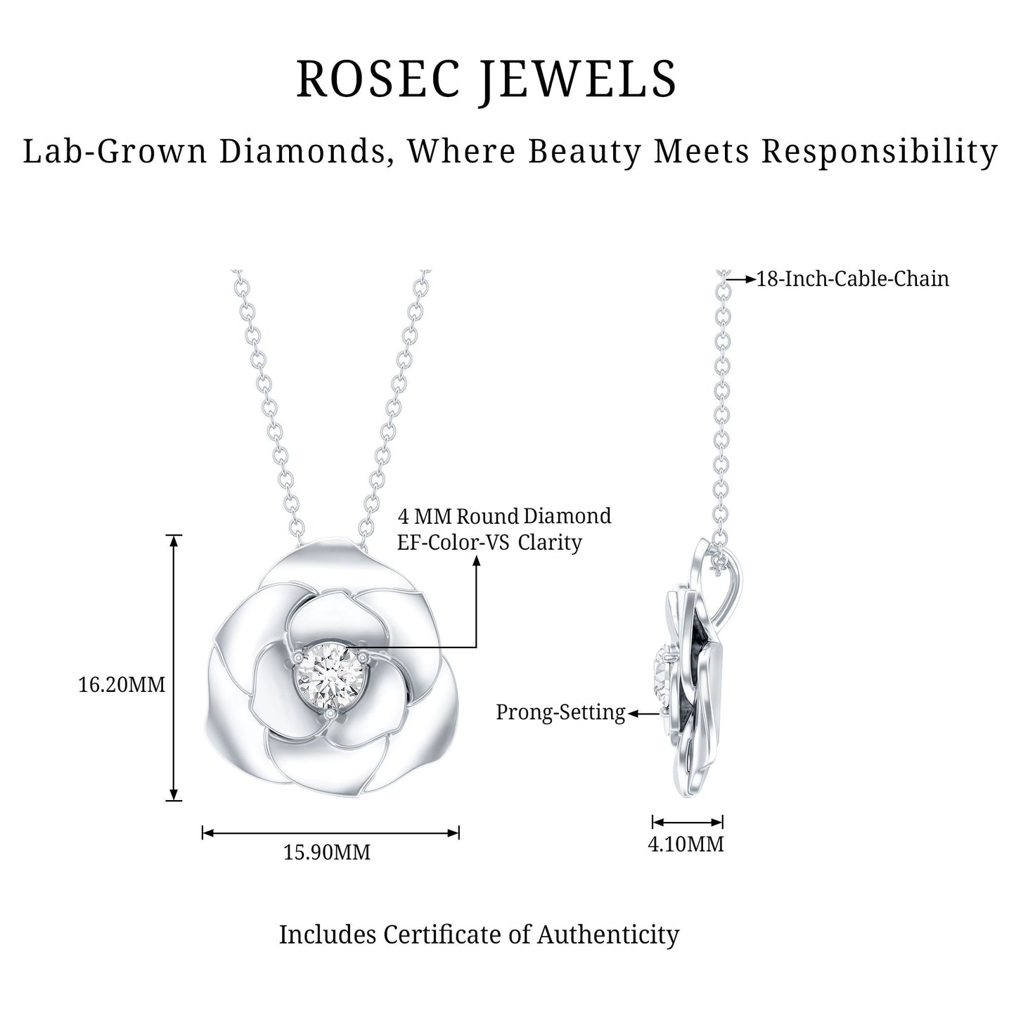 Certified Lab Grown Diamond Rose Pendant Necklace