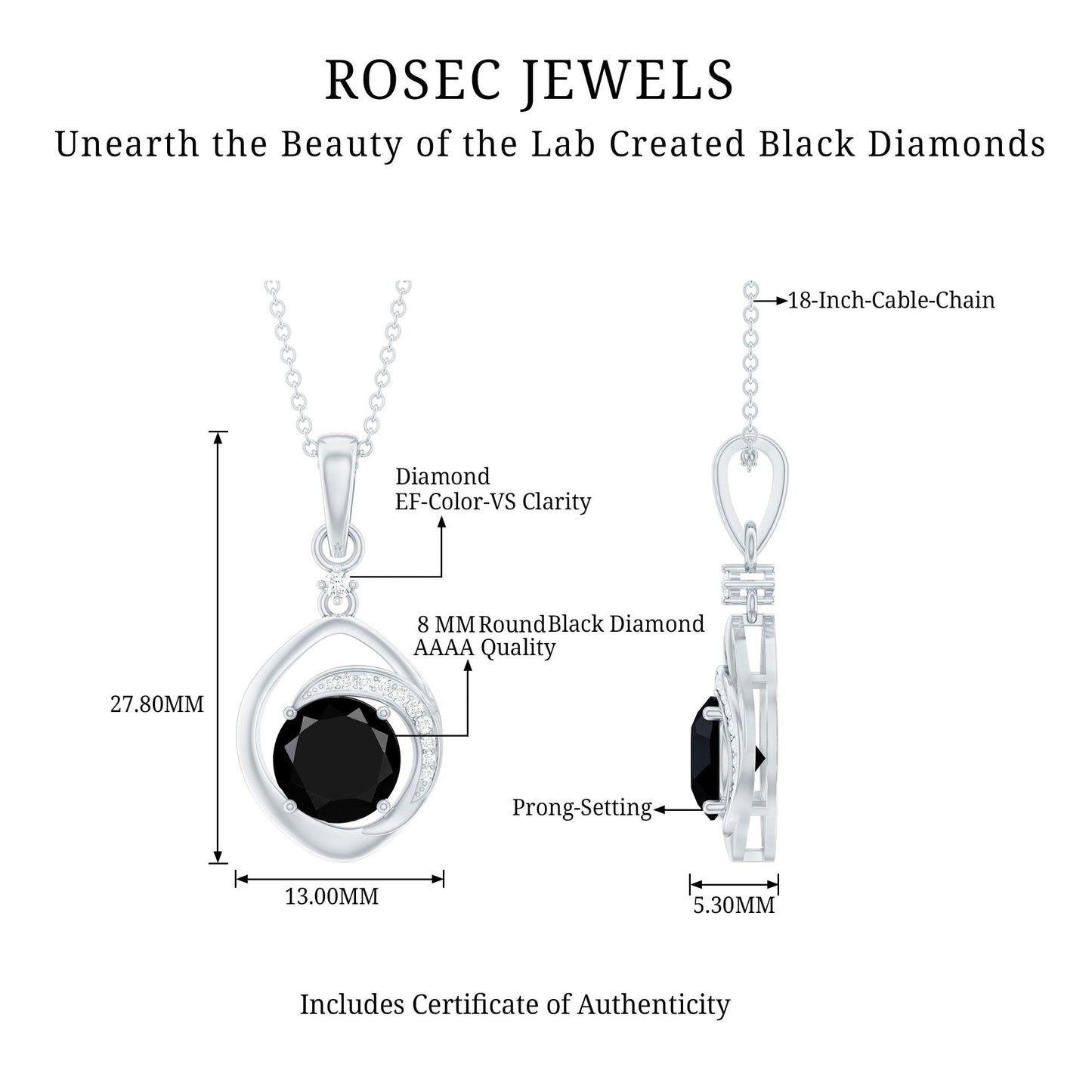 Certified 2 Carat Lab Grown Black and White Diamond Drop Necklace