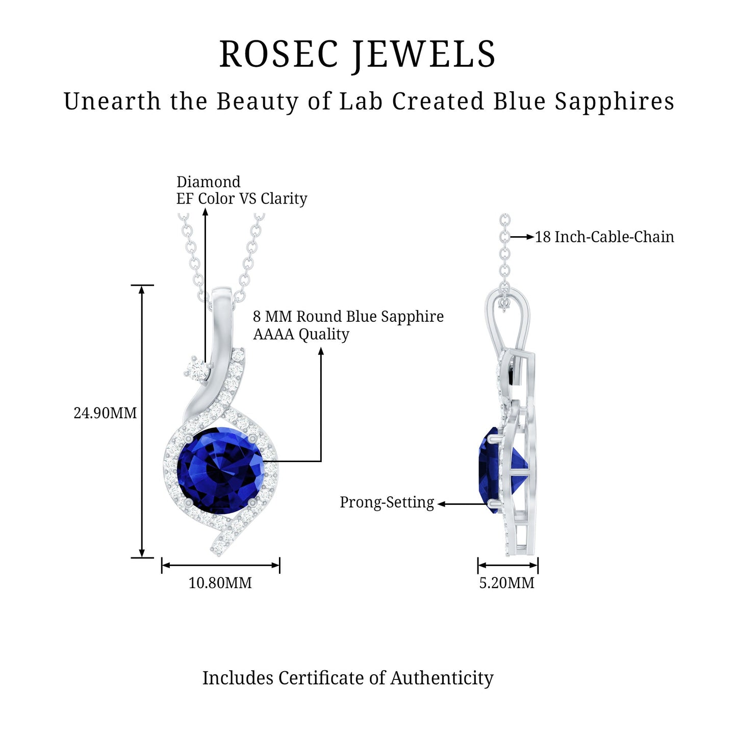Certified Lab Grown Blue Sapphire Pendant Necklace With Diamonds