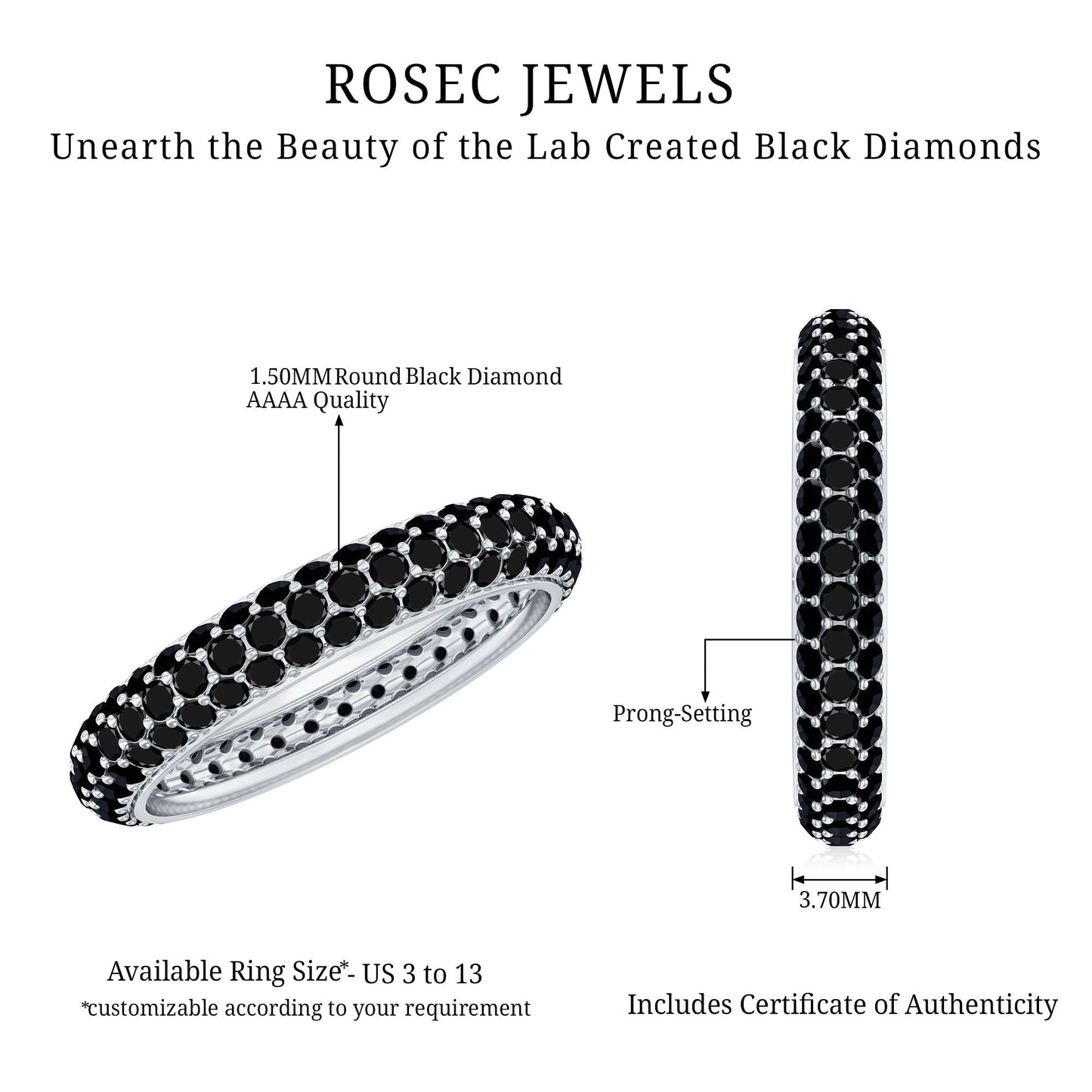 Certified Lab Grown Black Diamond 3 Row Eternity Band Ring