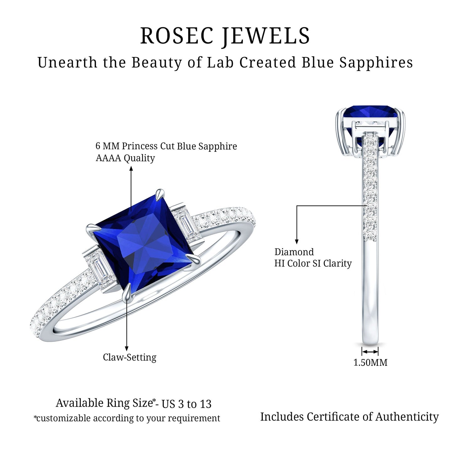 Princess Cut Created Blue Sapphire Solitaire Engagement Ring With Moissanite