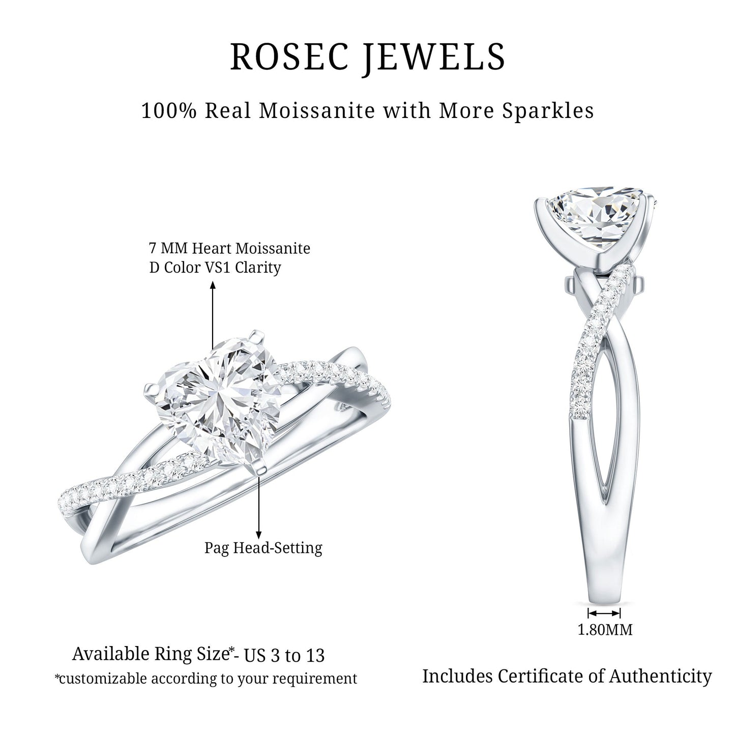 Heart Shape Moissanite Crossover Engagement Ring for Her