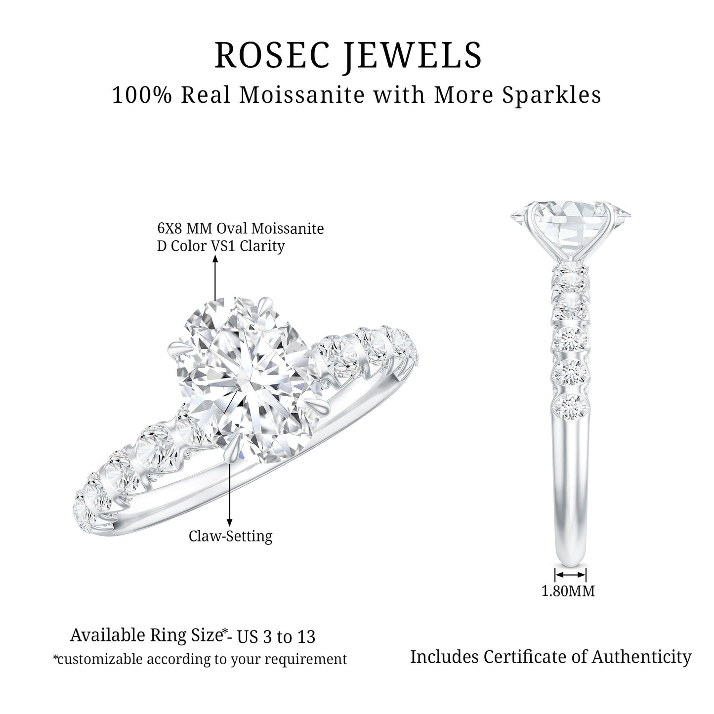 Oval Moissanite Solitaire Engagement Ring with Side Stones