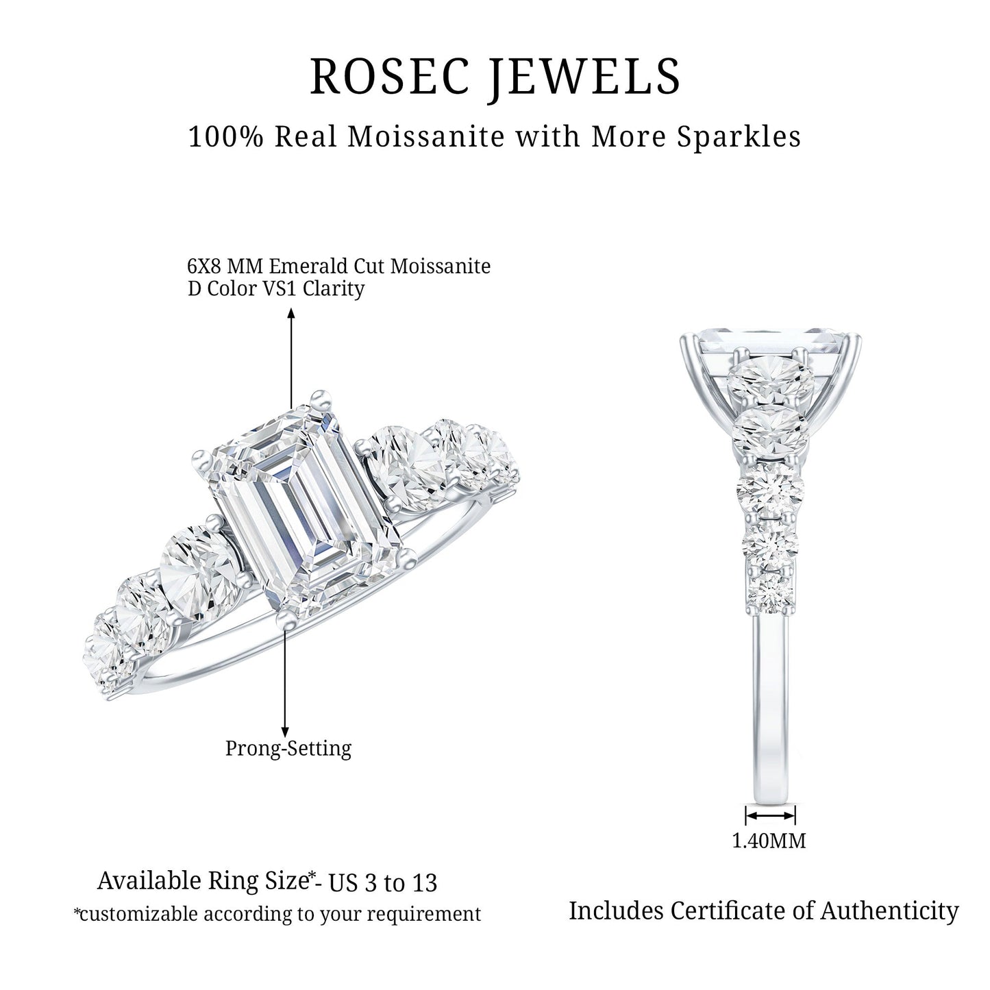 1.8 Carat Emerald Cut Moissanite Side Stone Engagement Ring with Certificate