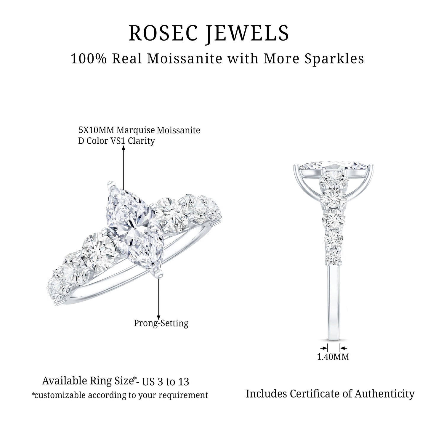 Marquise Moissanite Engagement Ring With Side Stones