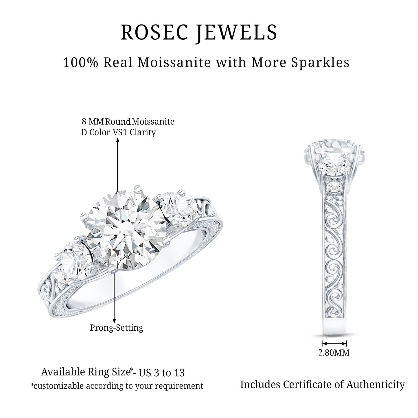 Vintage Style Moissanite 3 Stone Engagement Ring for Women