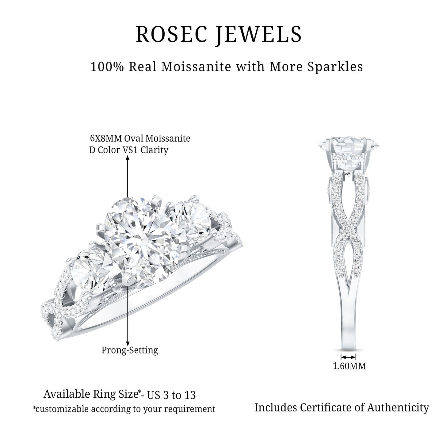 Certified Moissanite Three Stone Engagement Ring with Crossover Shank