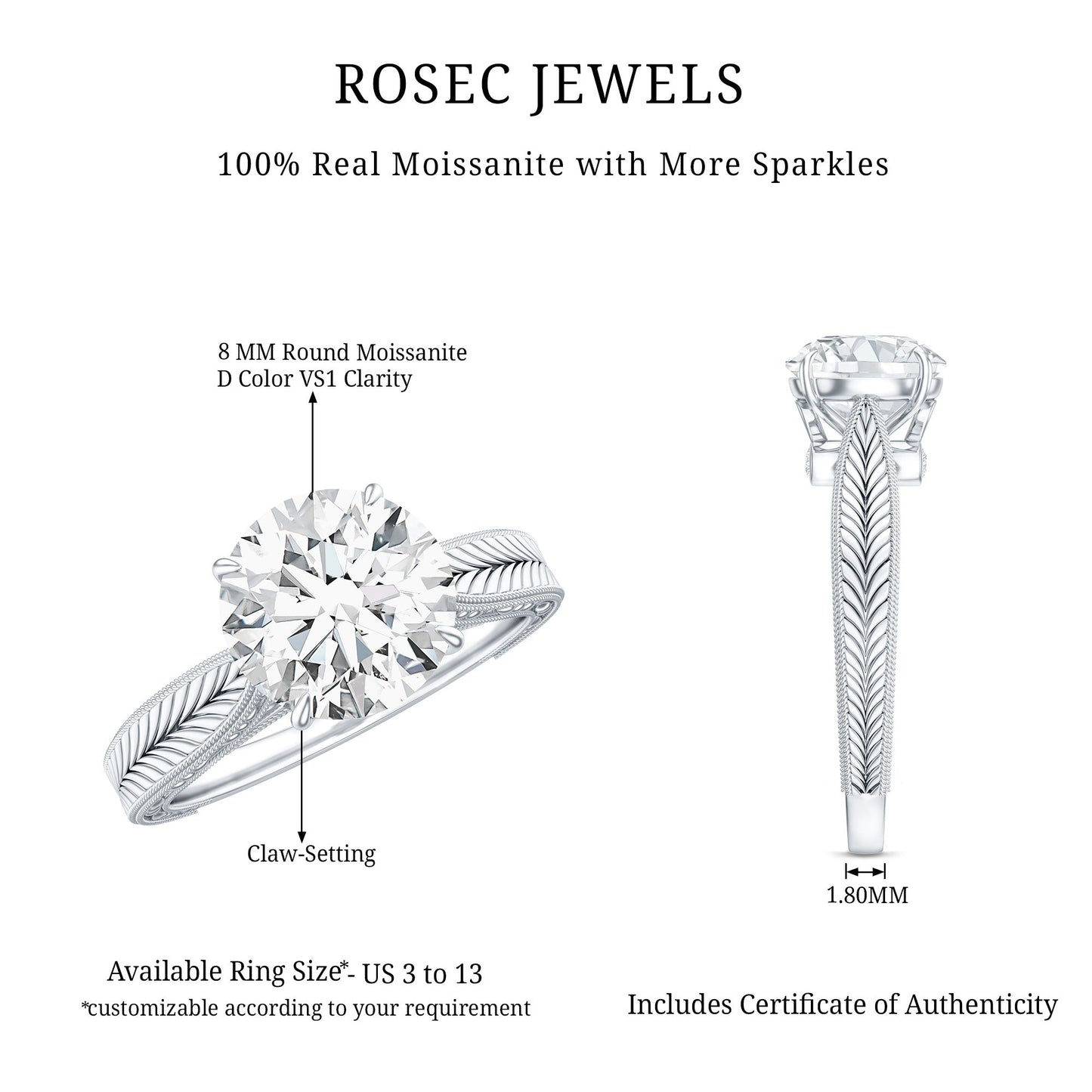 Claw Set Round Moissanite Engraved Engagement Ring