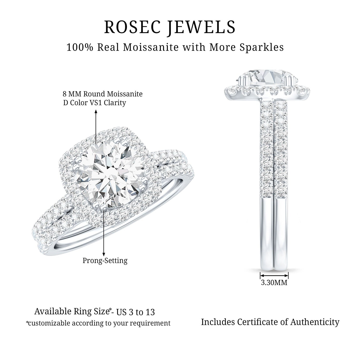 Round Certified Moissanite Wedding Ring Set with Halo