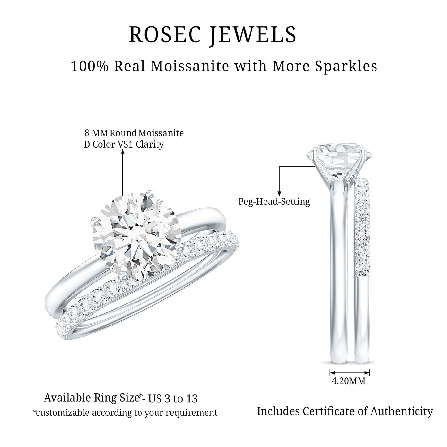Round Shape Moissanite Solitaire Wedding Ring Set