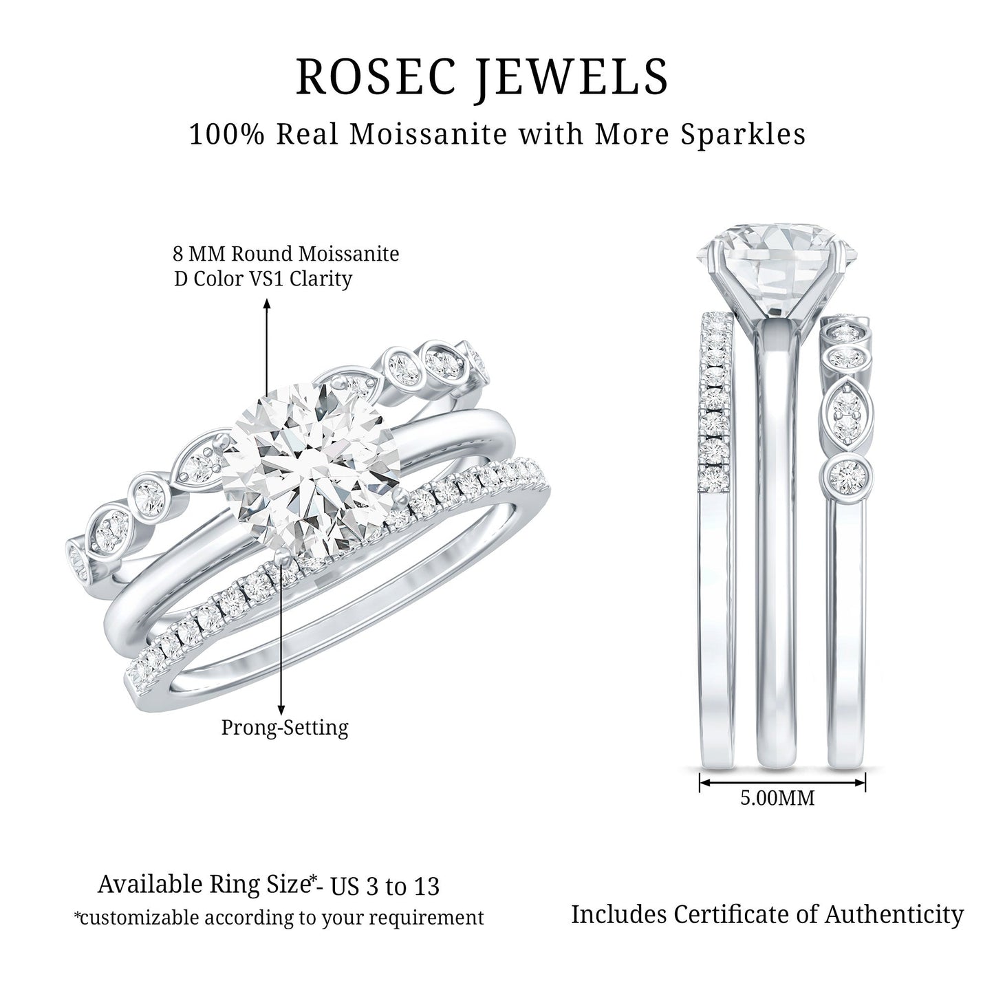 Round shape Solitaire Moissanite Trio Wedding Ring Set