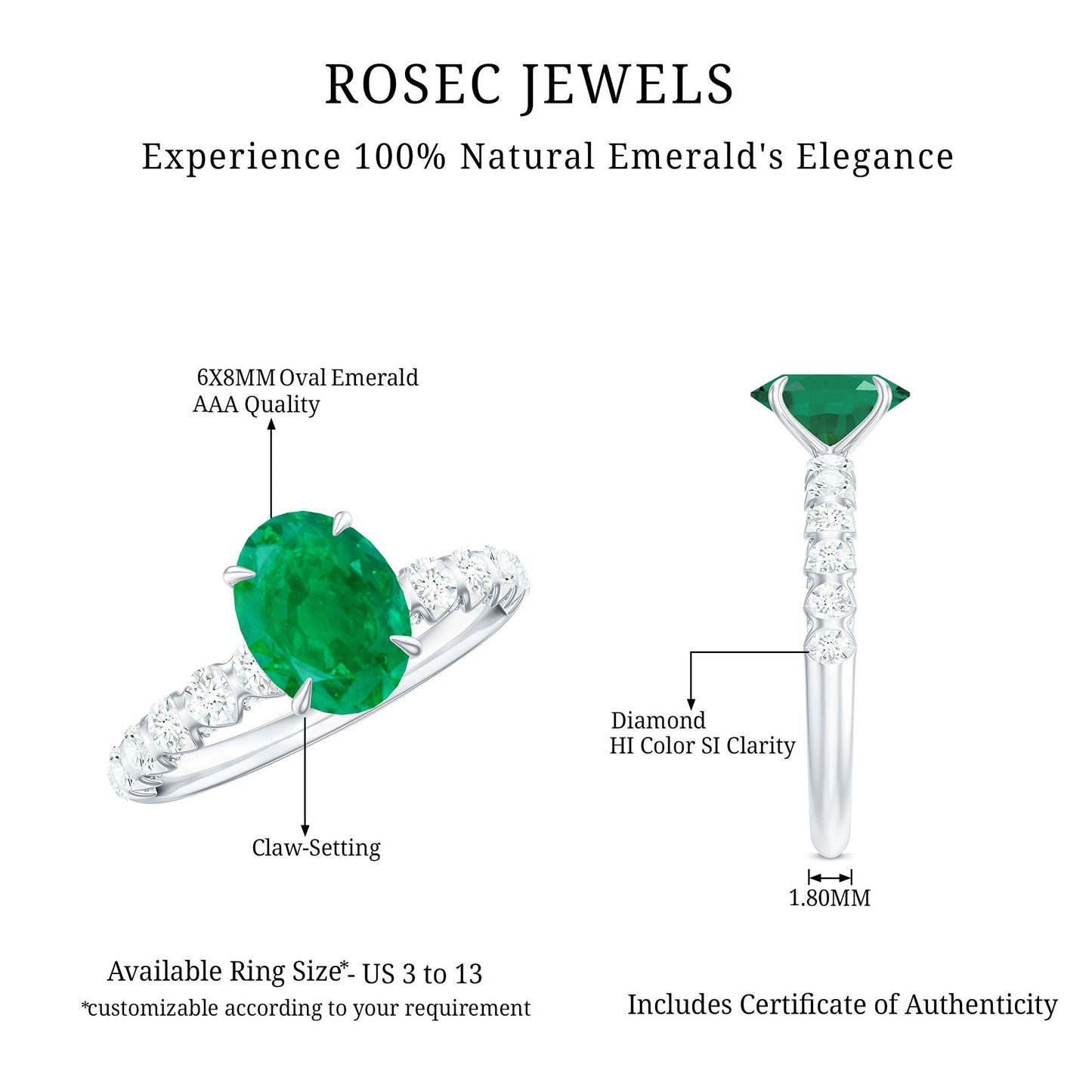 Natural 1.2 Carat Emerald Oval Engagement Ring with Diamond Side Stones