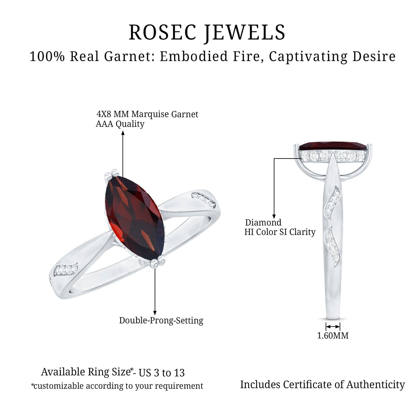 Natural Solitaire Garnet Marquise Engagement Ring with Diamond
